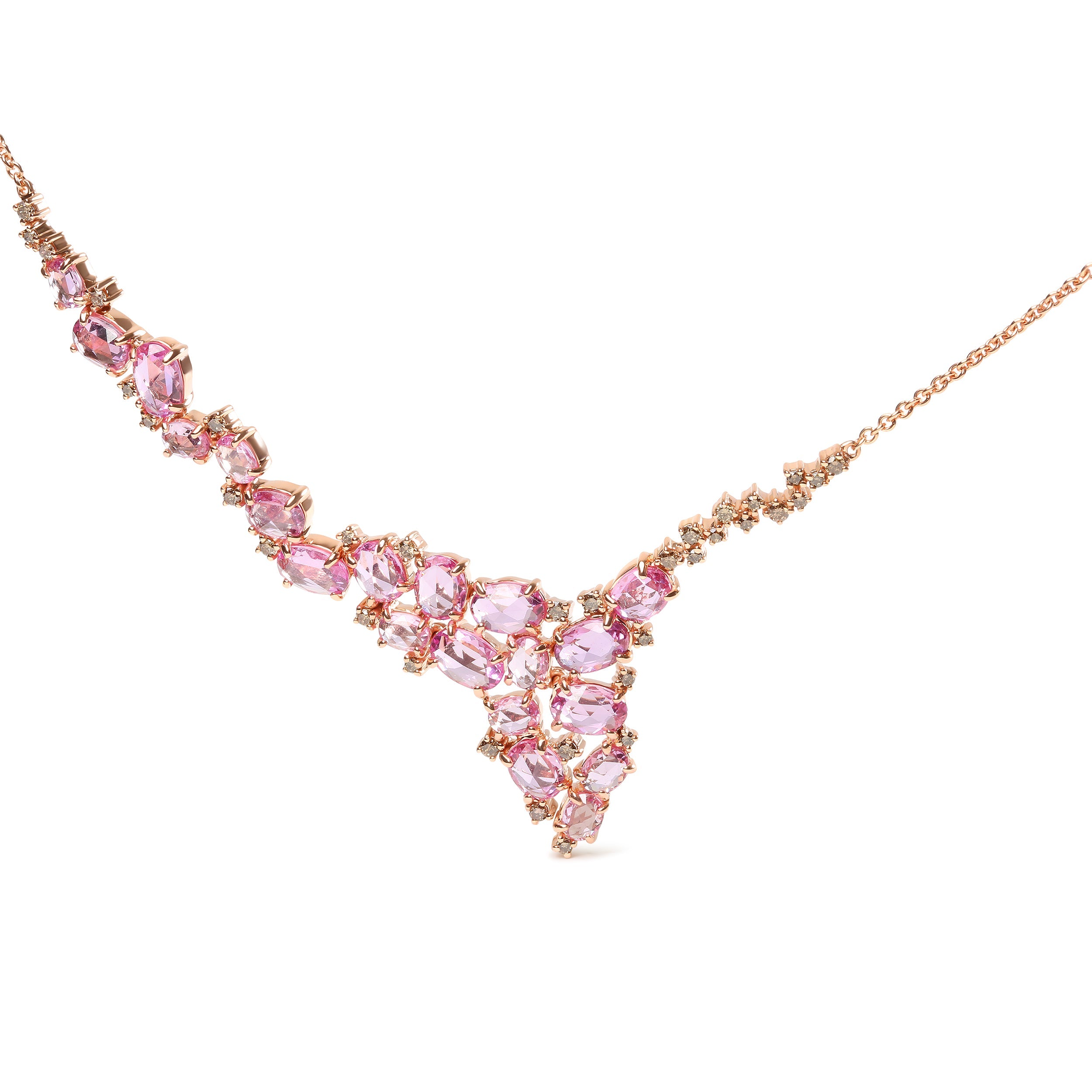 18K Rose Gold 1/2 Cttw Brown Diamond and Multi-Size Oval Pink Sapphire Cluster Cascade Statement Station Necklace Brown Color, SI1-SI2 Clarity - Adjustable up to 14" to 16" on sale at MyriadMart