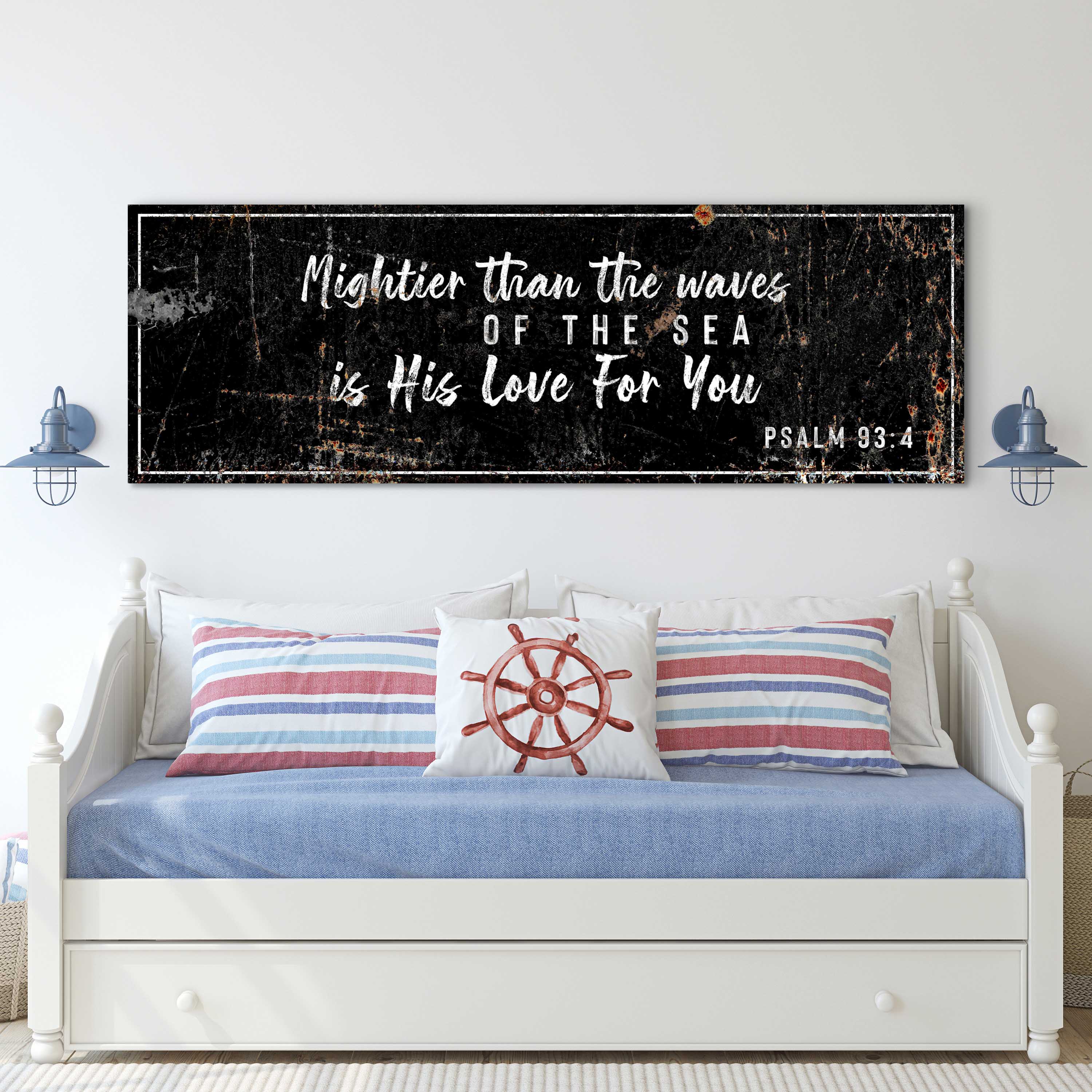 Psalm 93:4 - Mightier Than The Waves Is His Love Rustic Sign on sale at MyriadMart