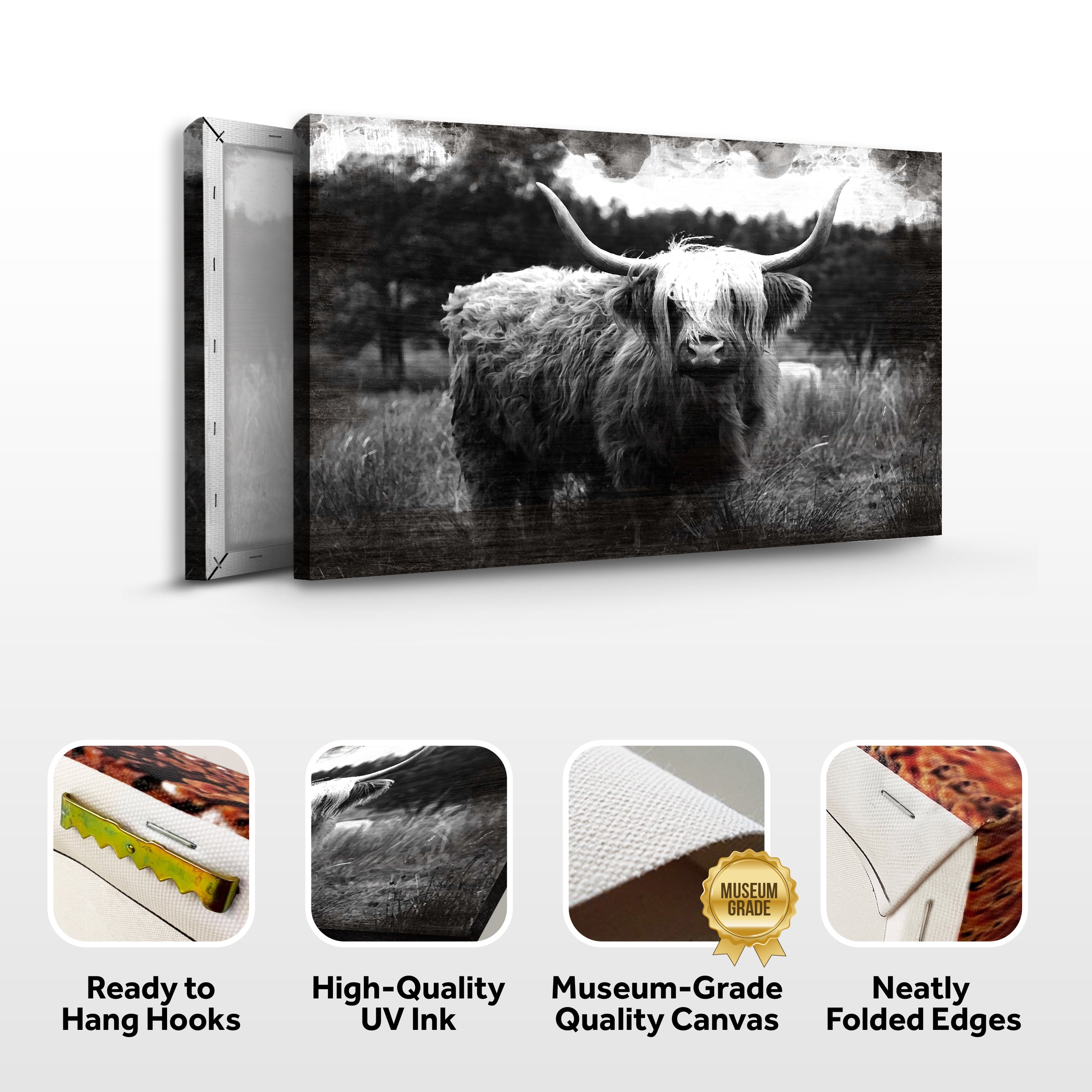 Highland Cattle Monochrome Canvas Wall Art on sale at MyriadMart