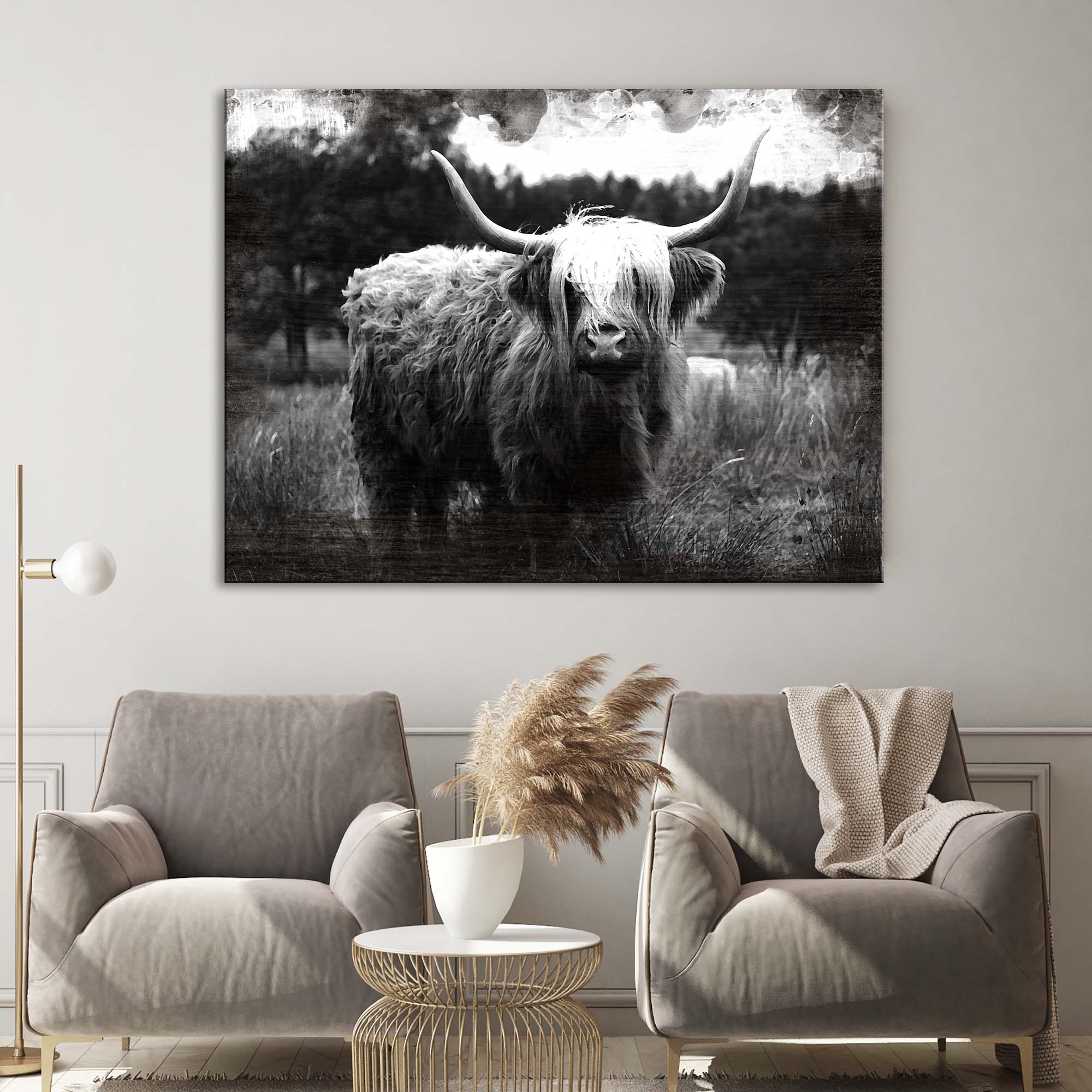 Highland Cattle Monochrome Canvas Wall Art on sale at MyriadMart