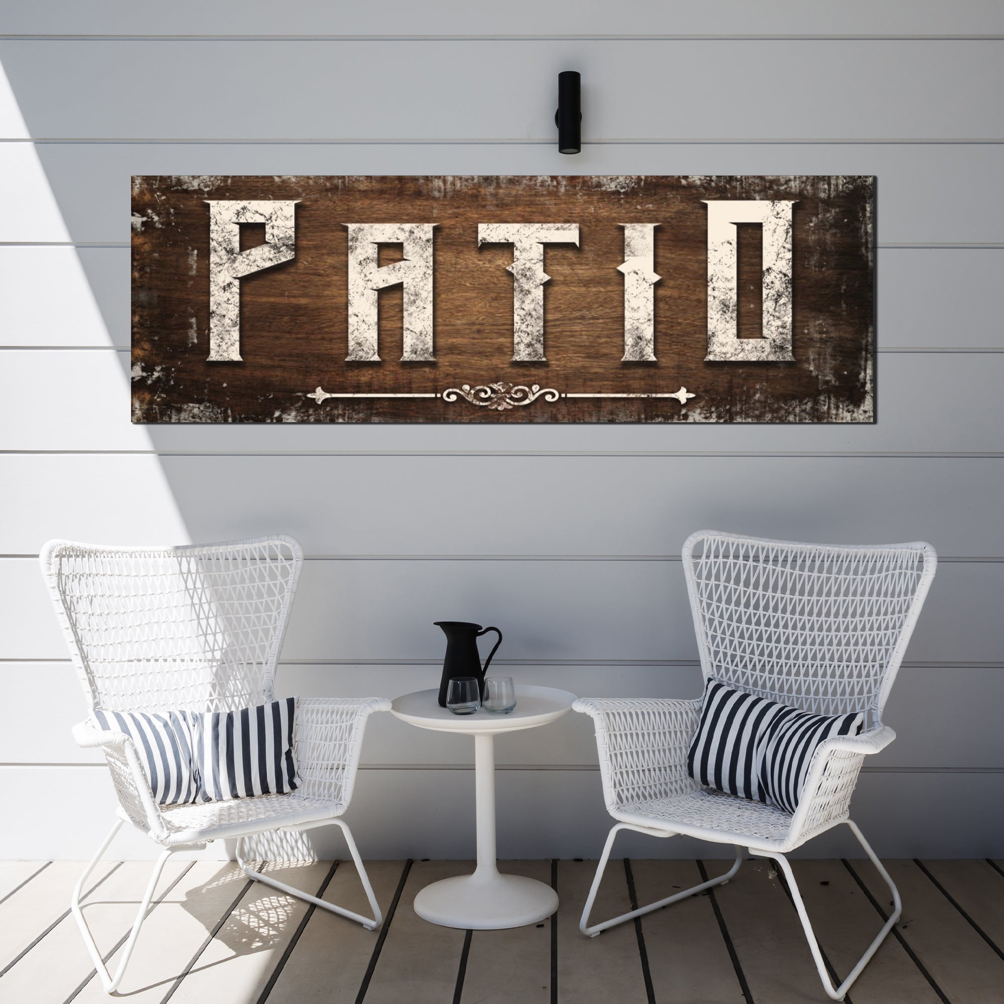 Distressed White Patio Sign on sale at MyriadMart