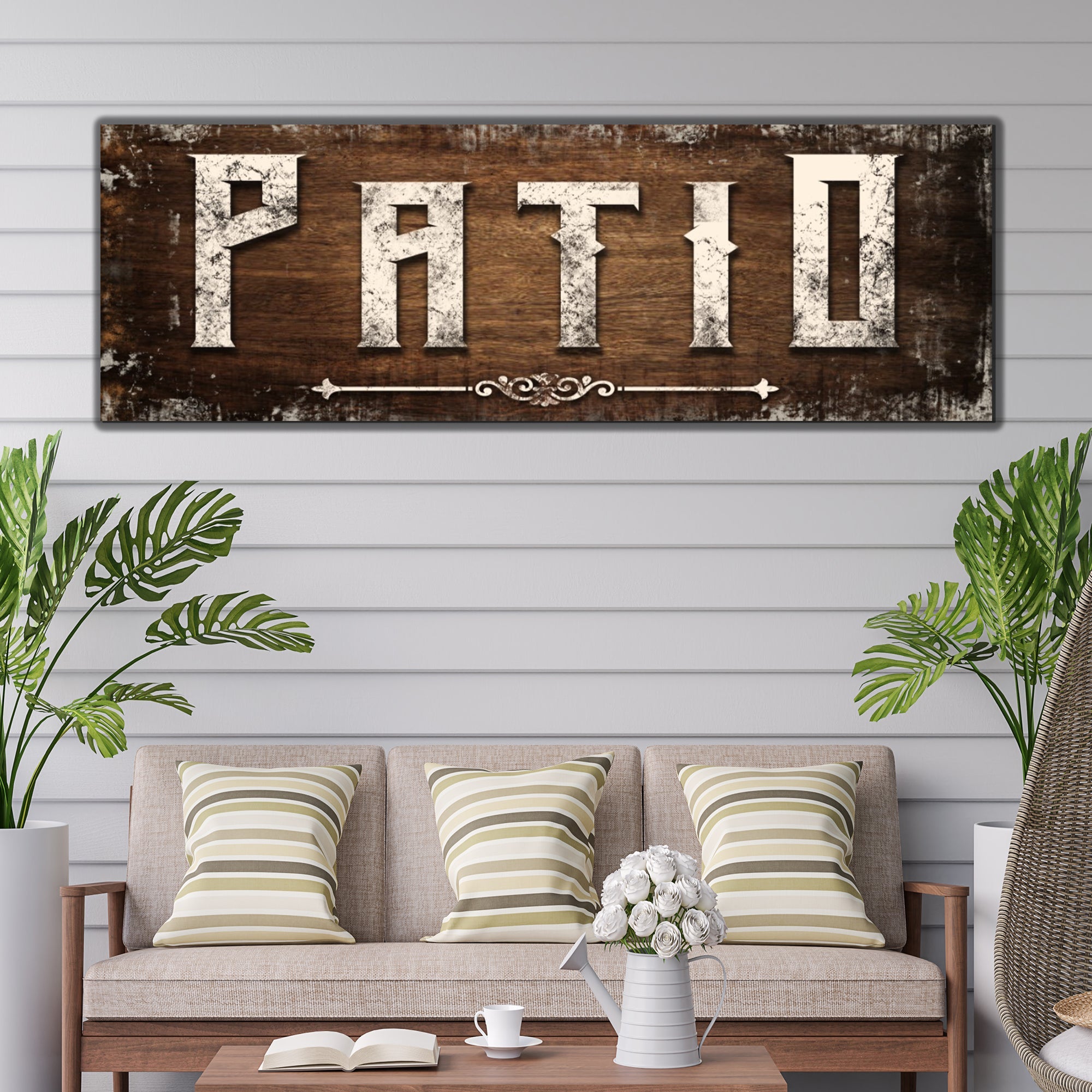 Distressed White Patio Sign on sale at MyriadMart