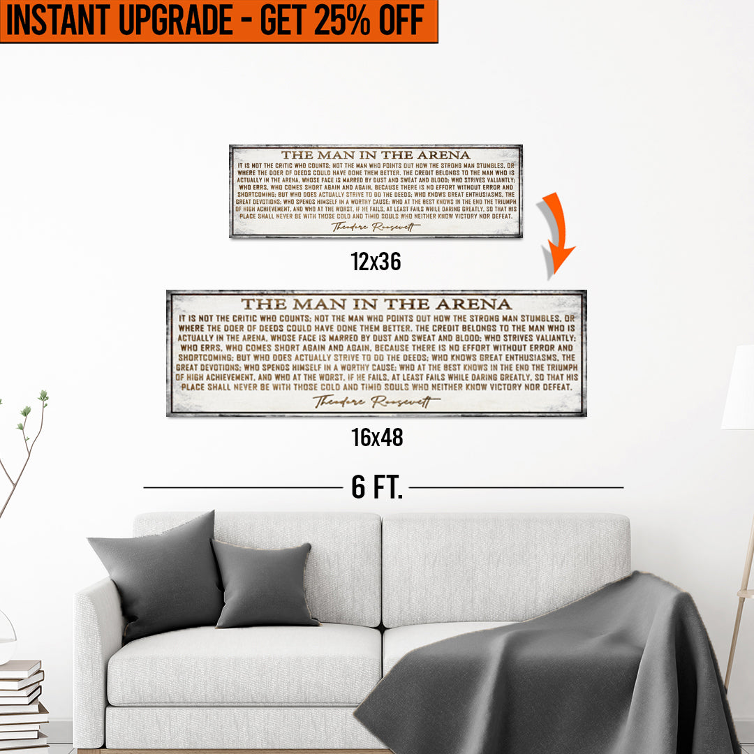 Upgrade Your 12x36 Inches 'The Man In The Arena' Canvas Measuring To 16x48 Inches on sale at MyriadMart