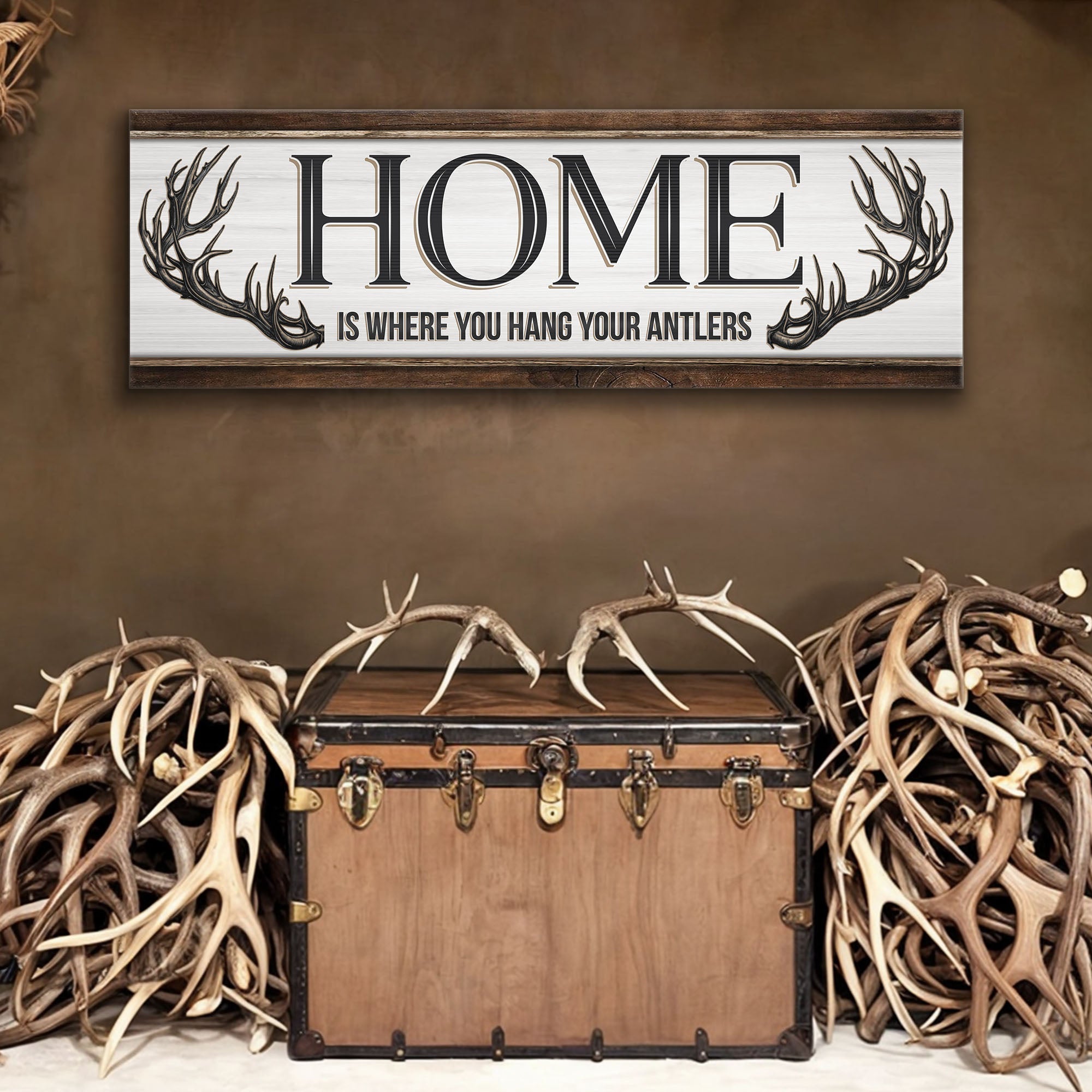 Home Is Where You Hang Your Antlers Sign on sale at MyriadMart