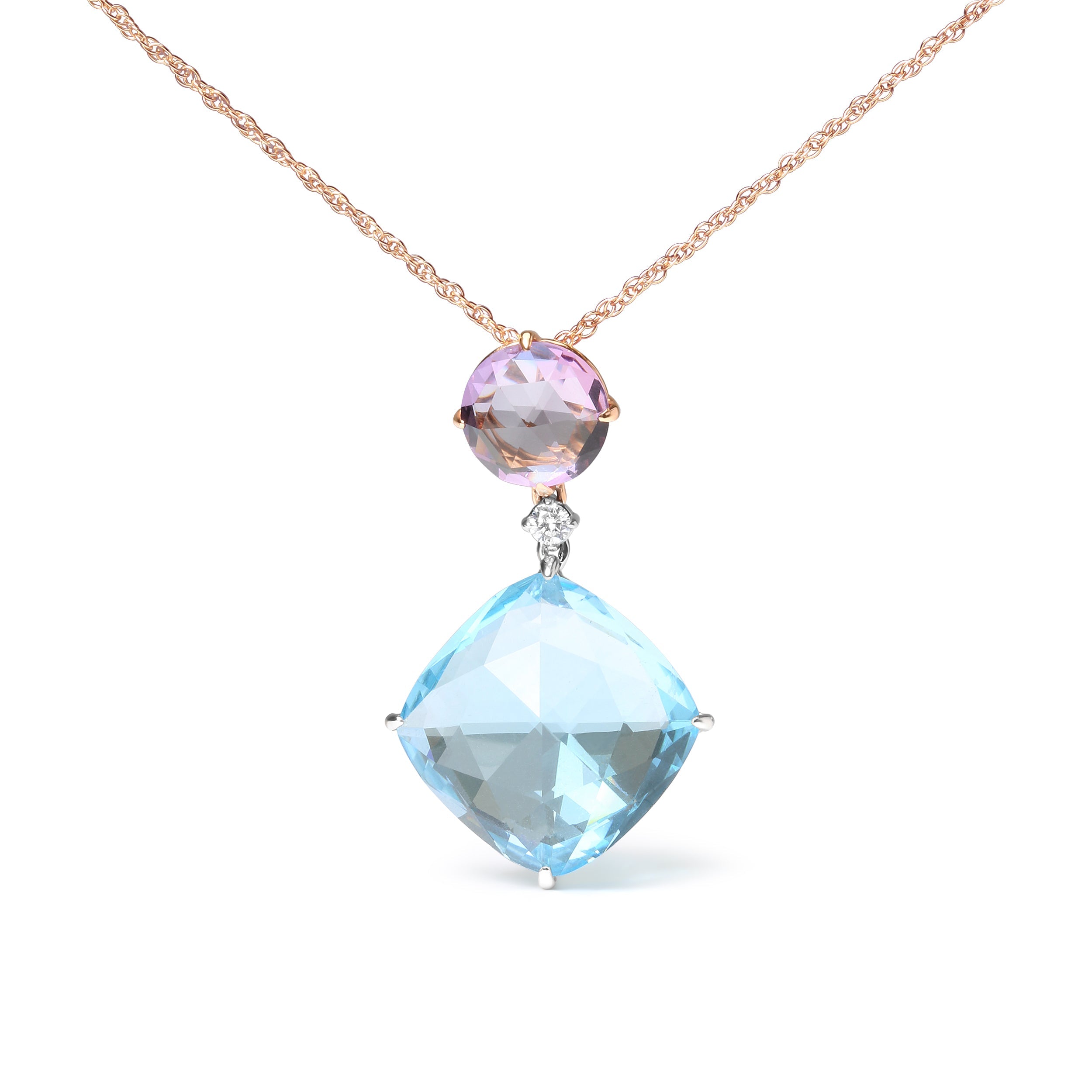 18K White and Rose Gold Round Diamond Accent and Round Rose De France Pink Amethyst and Cushion Cut Sky Blue Topaz Dangle Drop 18" Pendant Necklace G-H Color, SI1-SI2 Clarity on sale at MyriadMart