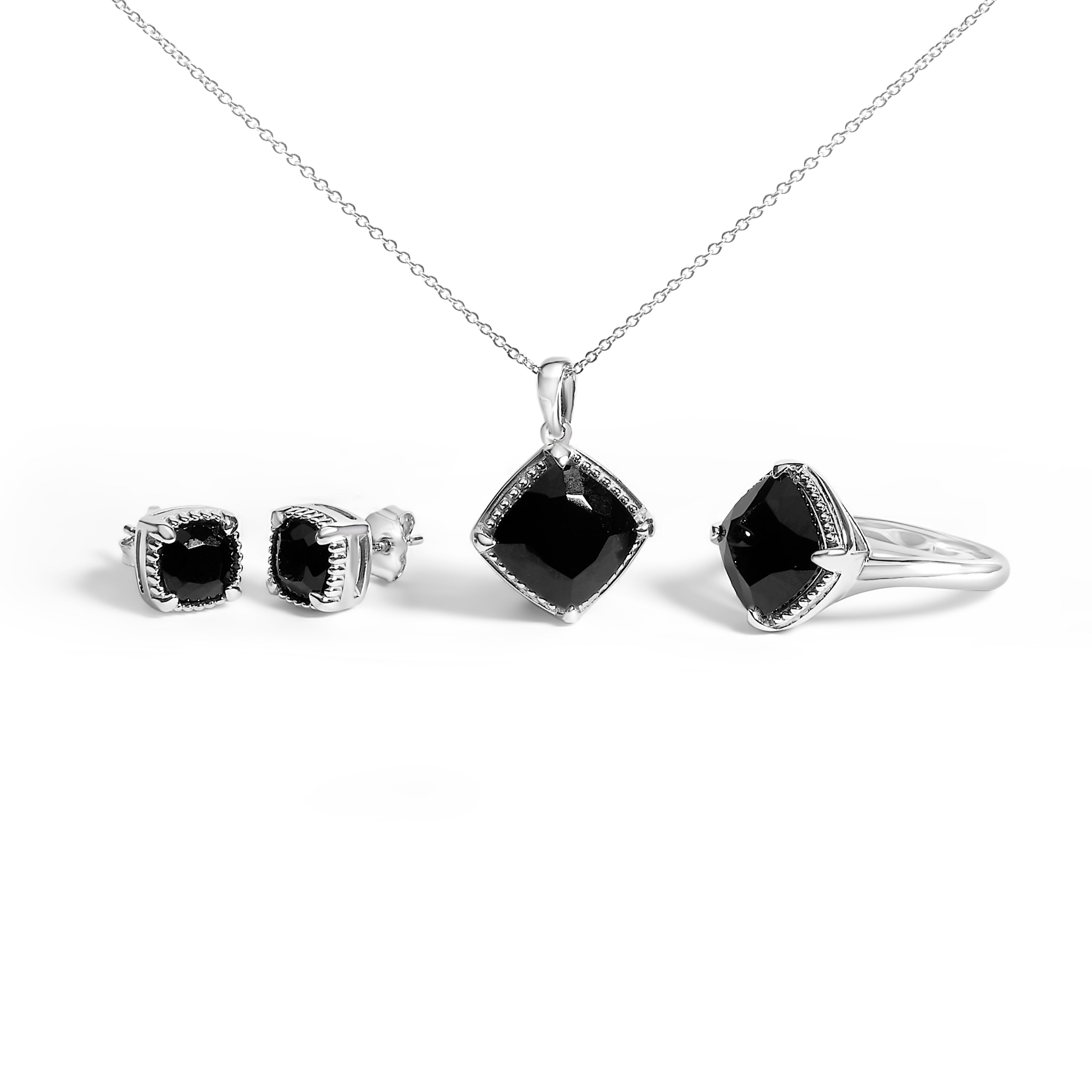 Sterling Silver Cushion Onyx 3-Piece Jewelry Set Ring Earrings Pendant 18 Inch Cable Chain on sale at MyriadMart