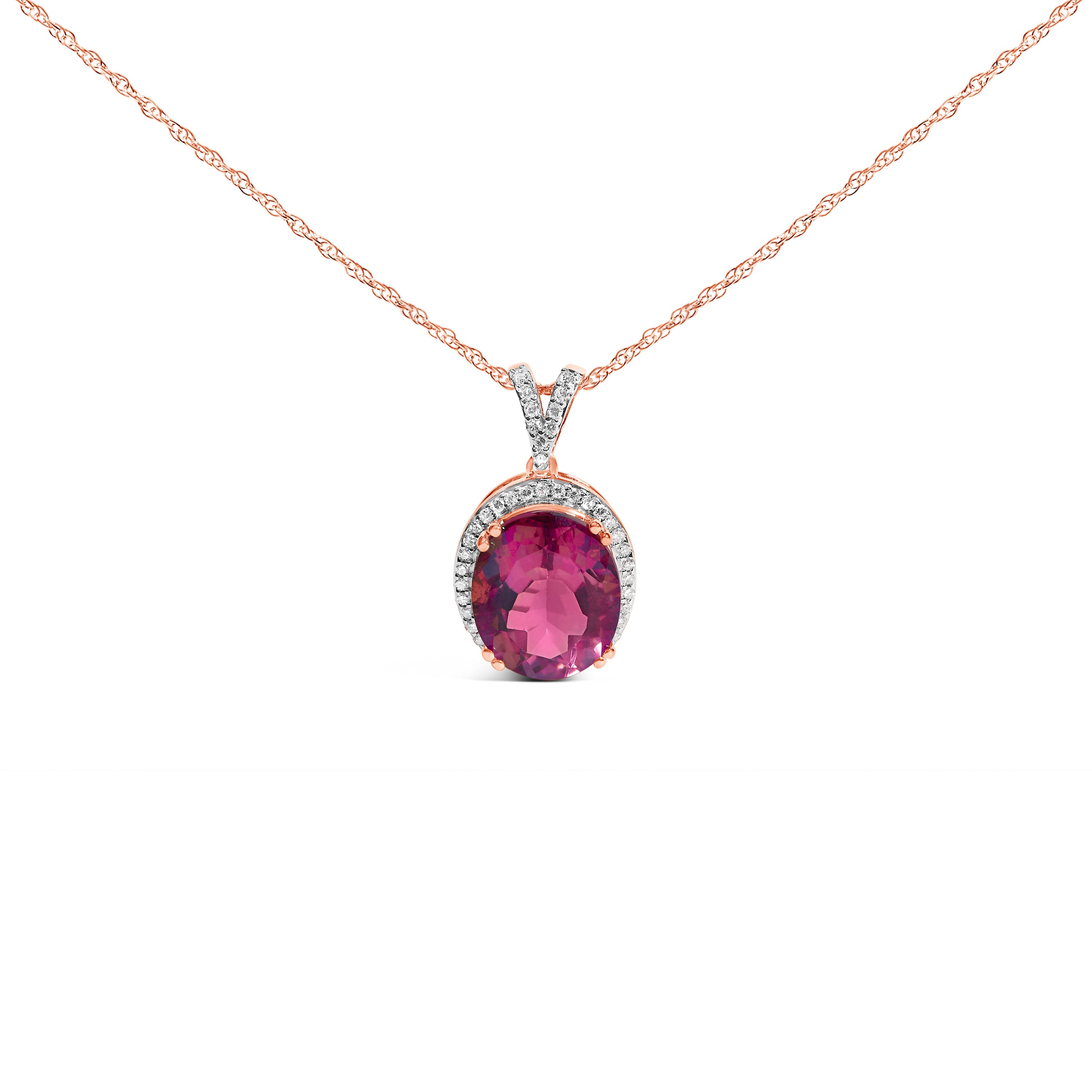 14K Rose Gold Vermeil Sterling Silver 1/5 Cttw Diamond Pink Quartz Oval Pendant Necklace on sale at MyriadMart
