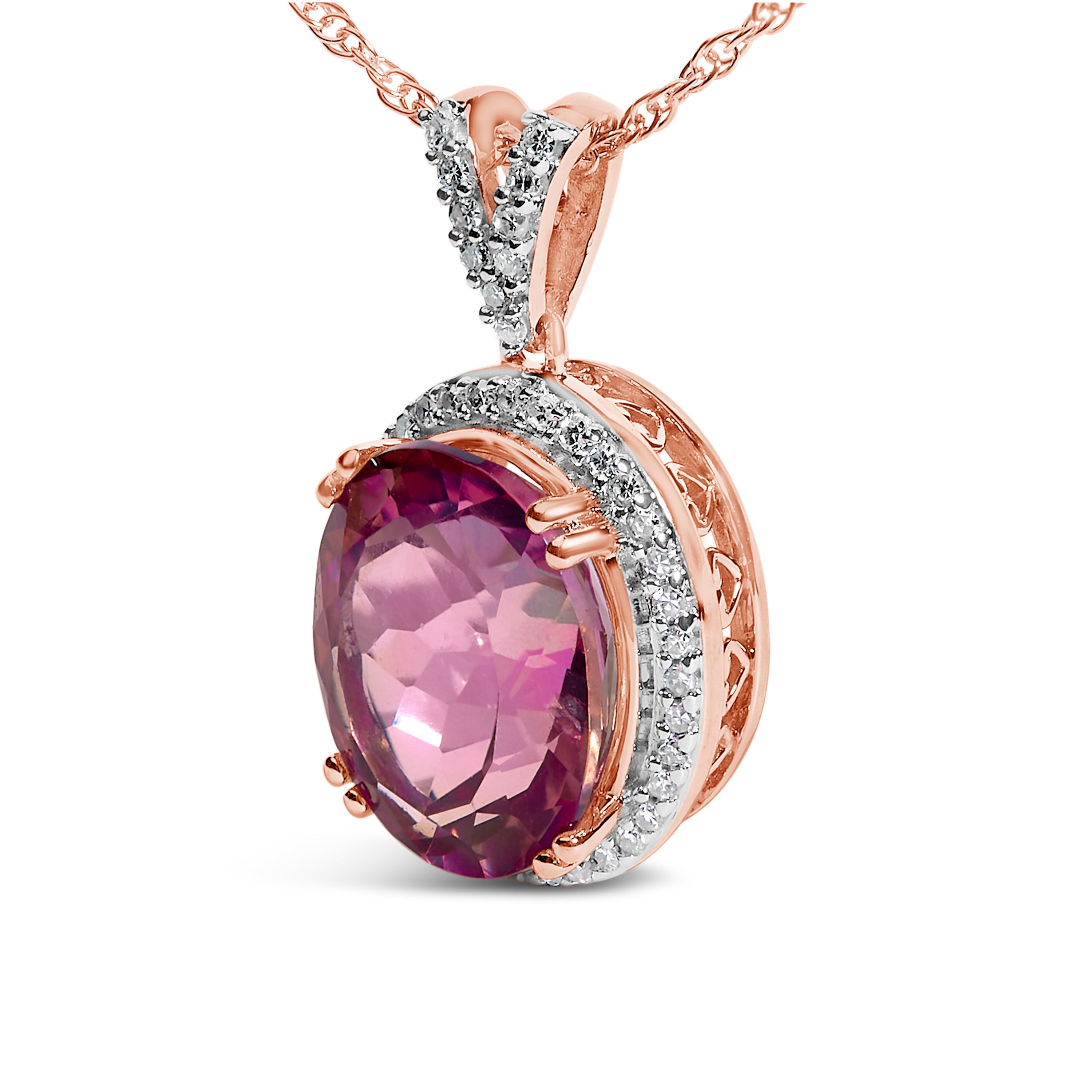 14K Rose Gold Vermeil Sterling Silver 1/5 Cttw Diamond Pink Quartz Oval Pendant Necklace on sale at MyriadMart