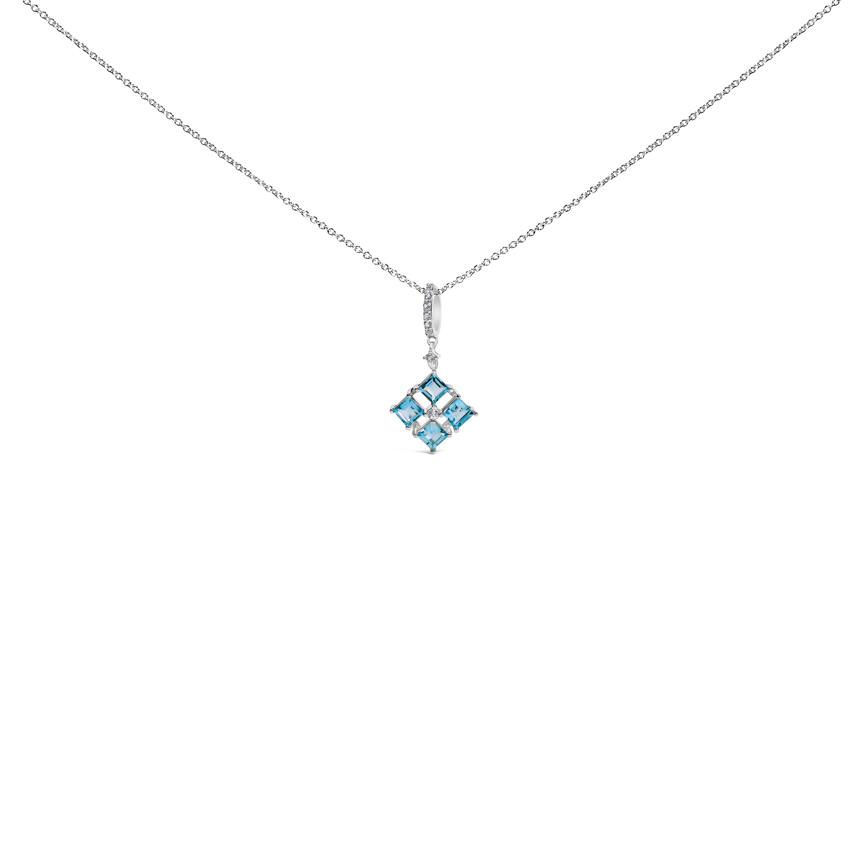 Sterling Silver Blue Topaz and White Sapphire Square Motif Pendant Necklace 18 Inch on sale at MyriadMart