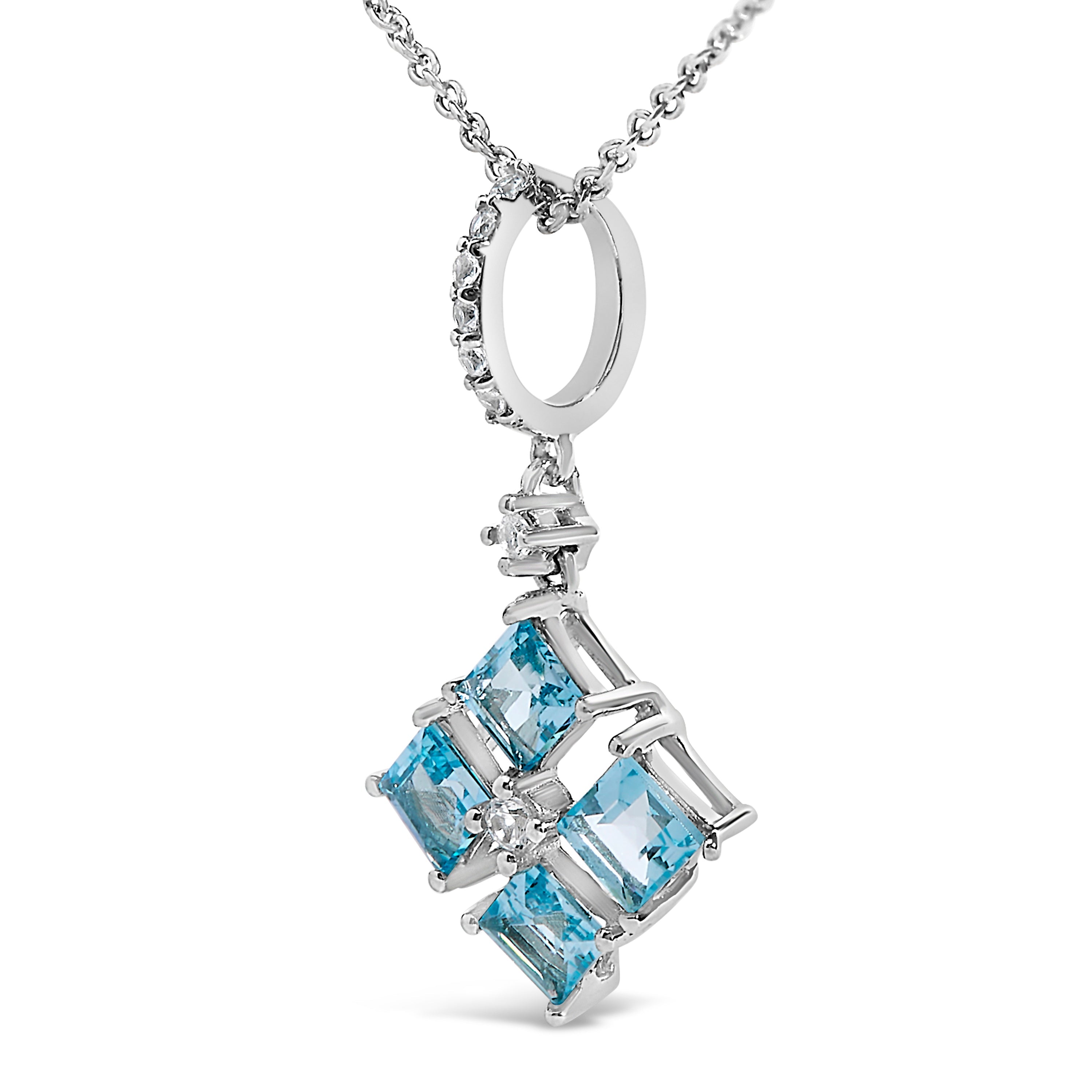 Sterling Silver Blue Topaz and White Sapphire Square Motif Pendant Necklace 18 Inch on sale at MyriadMart