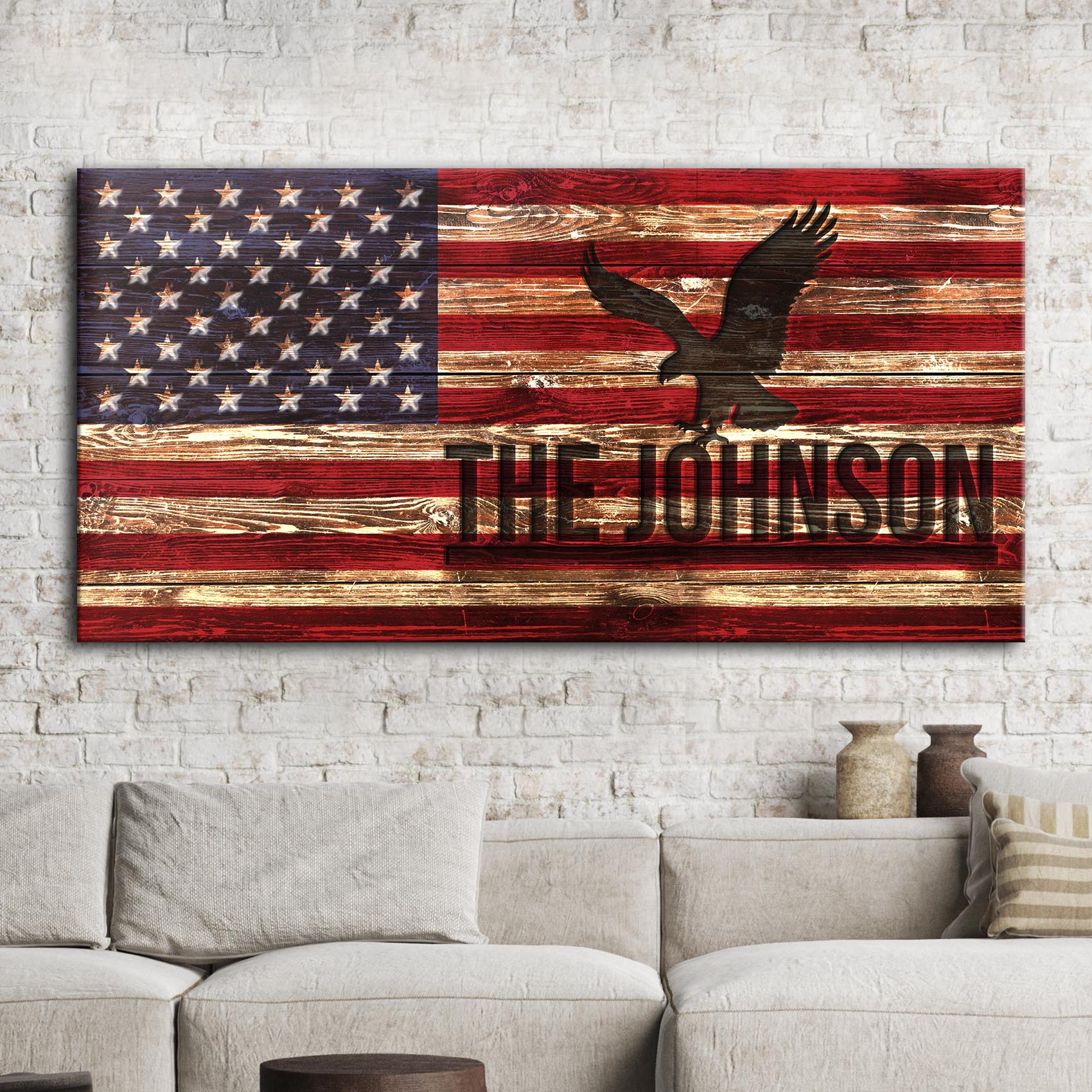 Rustic American Flag Family Name Sign on sale at MyriadMart