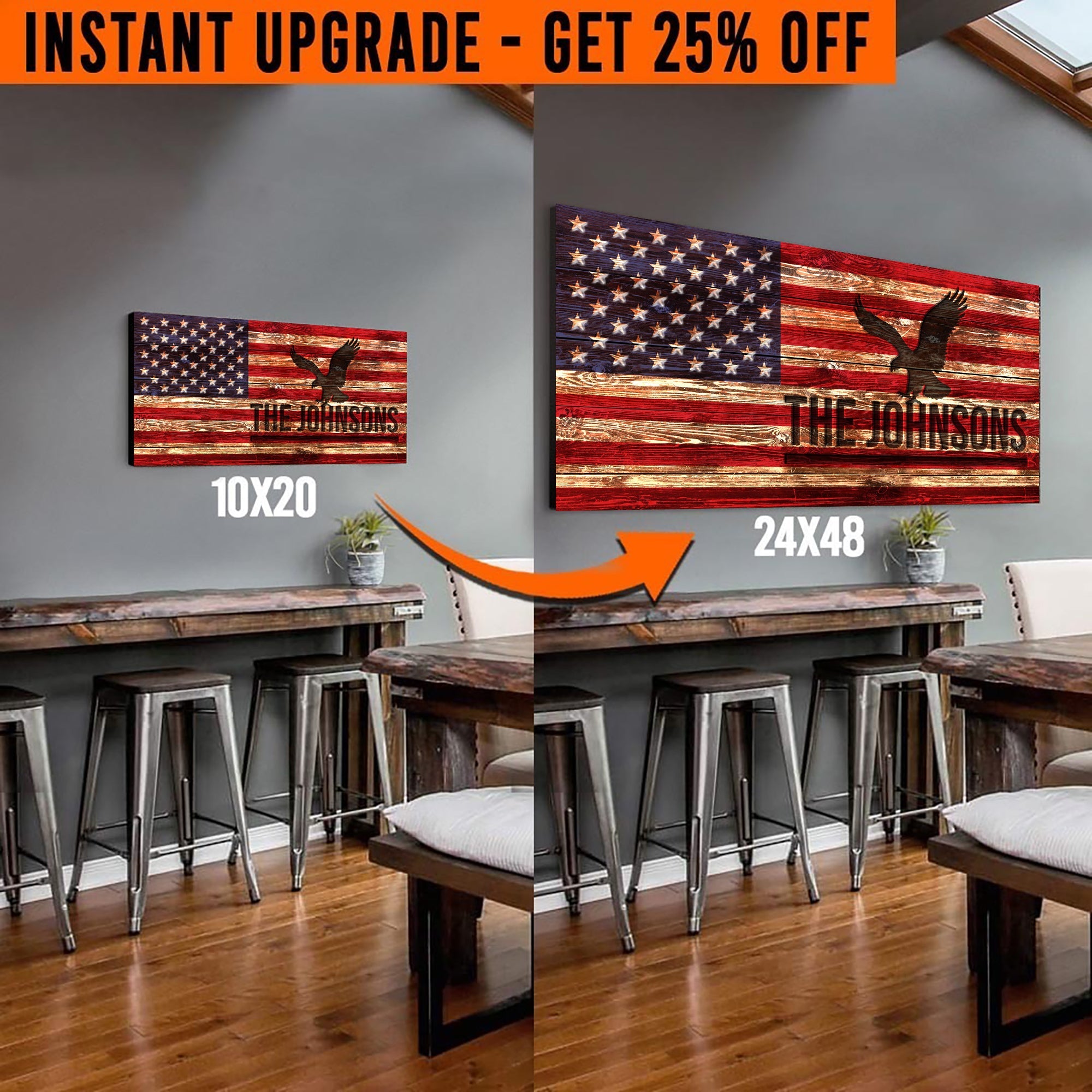 Upgrade Your 20x10 Inches 'Rustic American Flag' Style 1 Canvas To 24x48 Inches on sale at MyriadMart