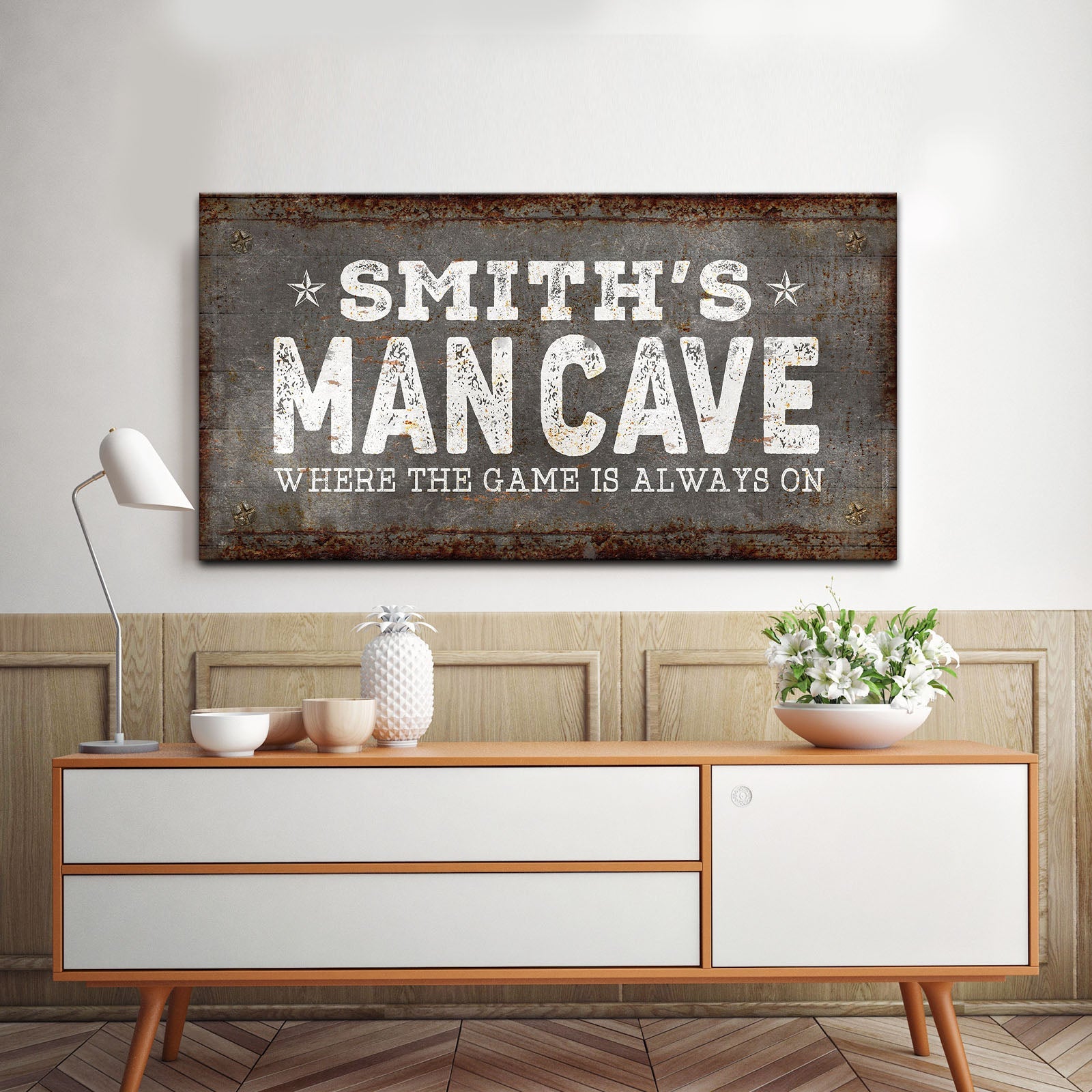 Where the Game is Always On Man Cave Sign on sale at MyriadMart