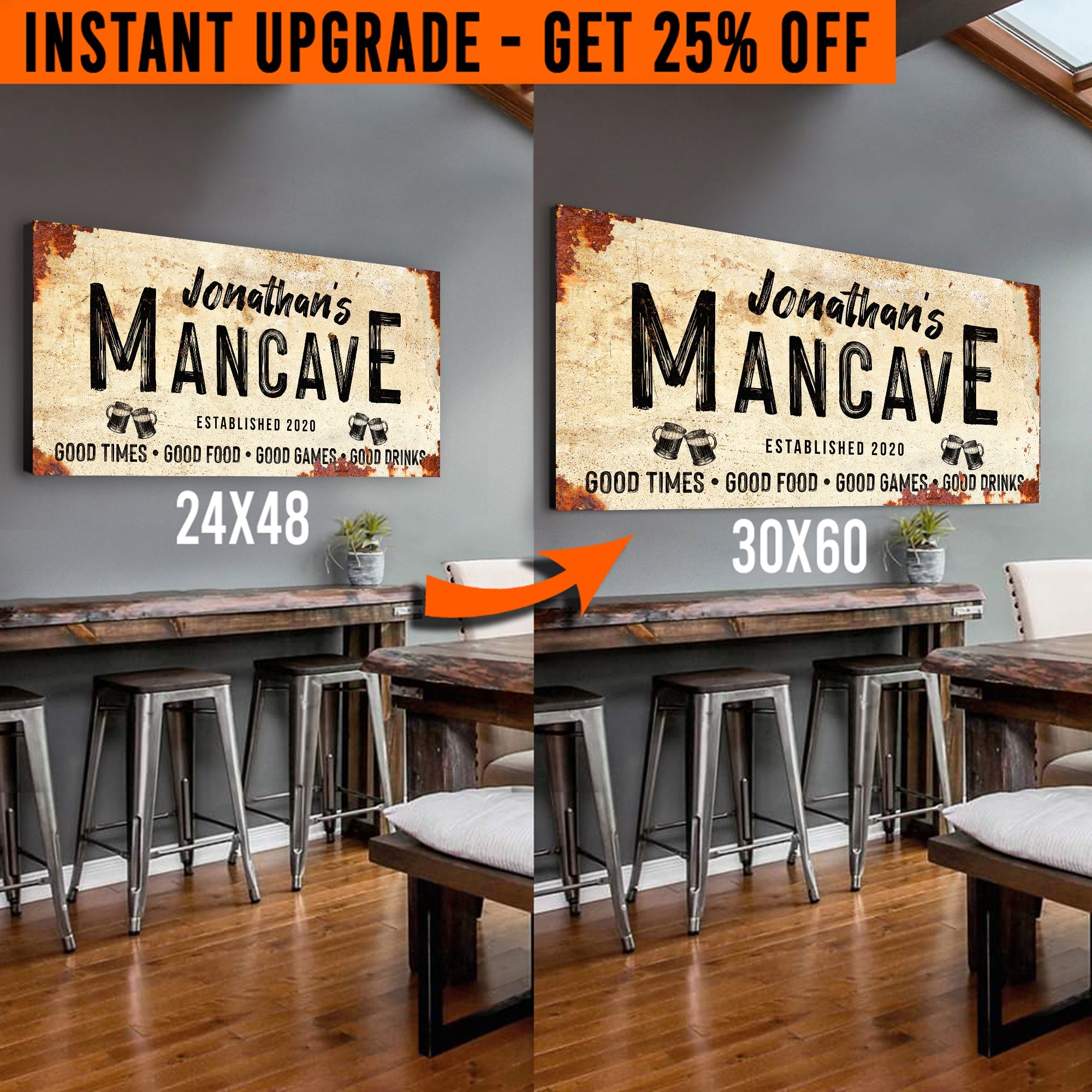 Upgrade Your 48x24 Inches 'Good Times Man Cave Sign' Style 1 Canvas To 60x30 Inches on sale at MyriadMart