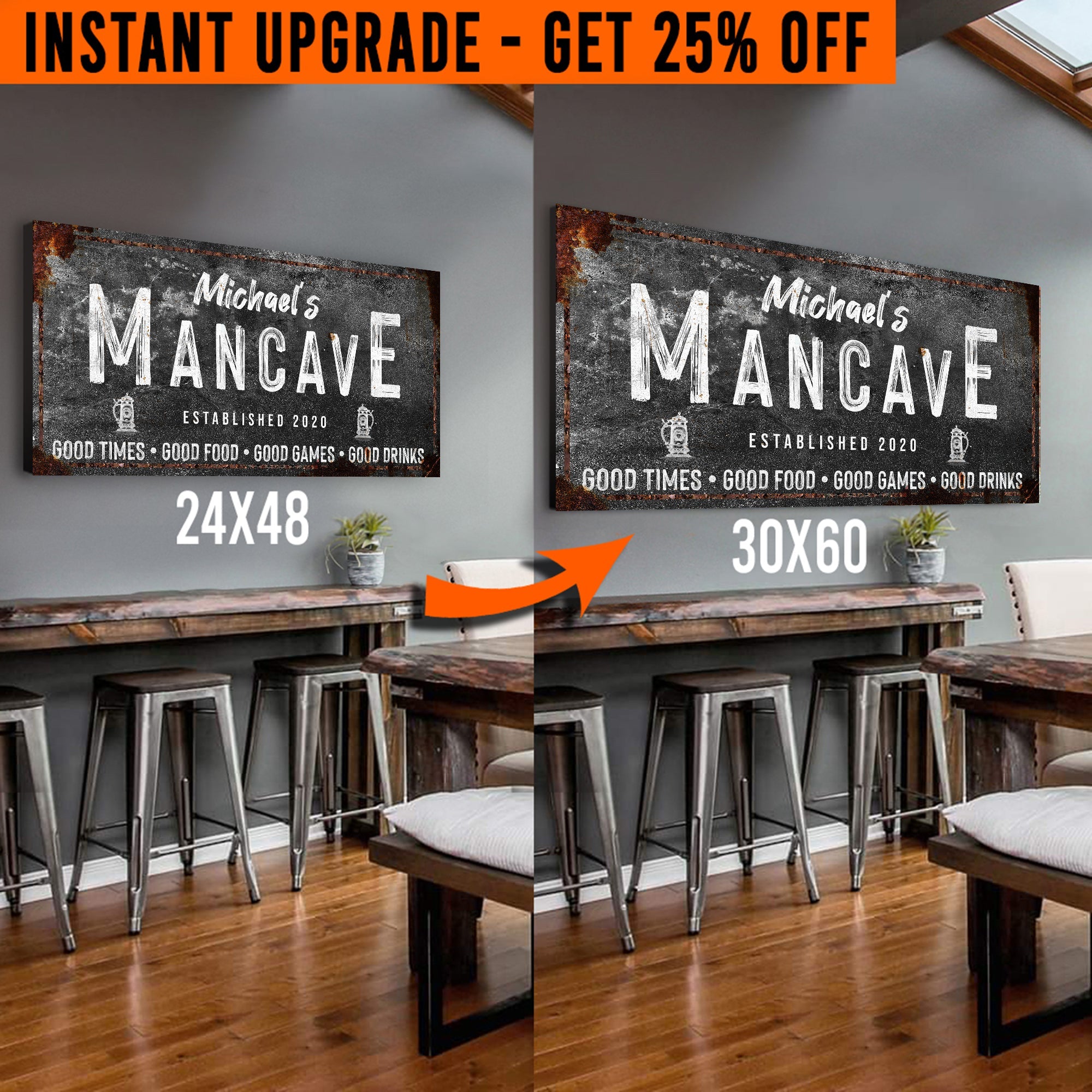 Upgrade Your 48x24 Inches 'Good Times Man Cave Sign' Style 3 Canvas To 60x30 Inches on sale at MyriadMart