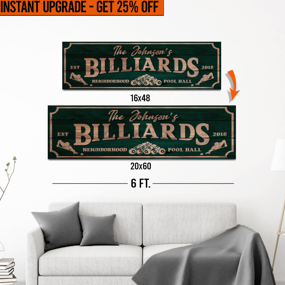 Upgrade Your 16x48 Inches 'Neighborhood Pool Hall Billiards' Style 1 Canvas To 20x60 Inches on sale at MyriadMart