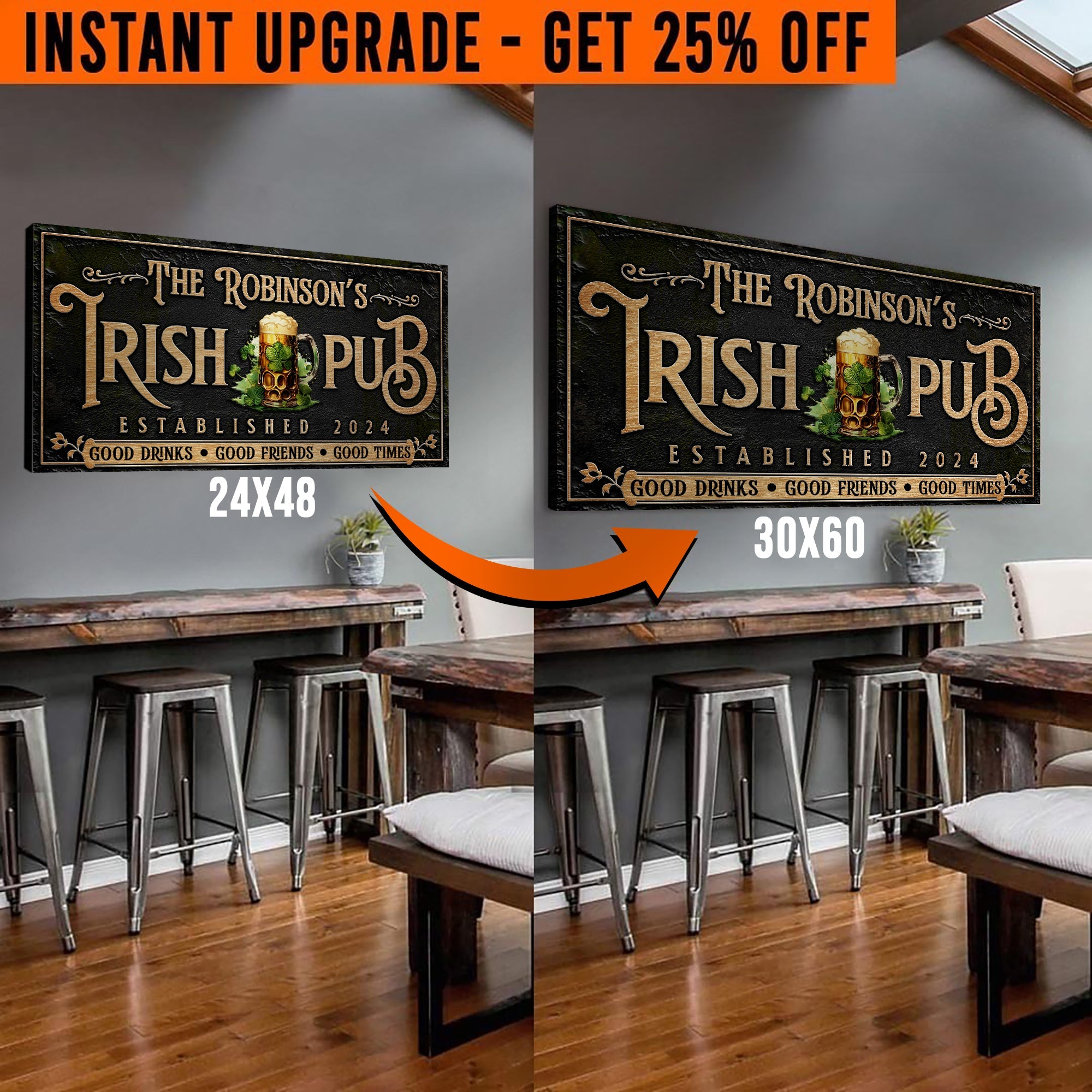 Upgrade Your 24x48 'Custom Irish Pub Bar Sign III' Canvas To 60x30 Inches on sale at MyriadMart