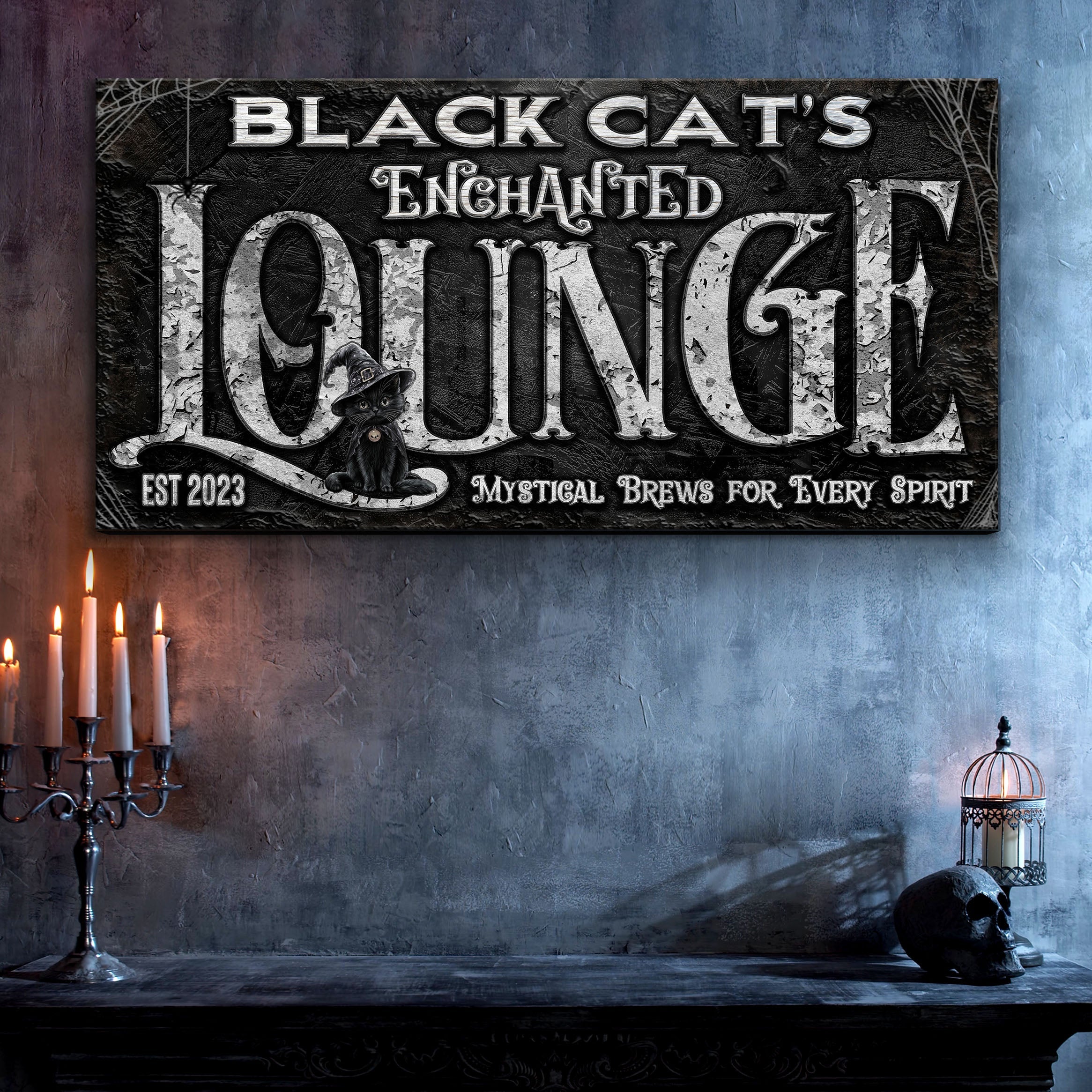 Black Cat's Enchanted Lounge Halloween Sign on sale at MyriadMart