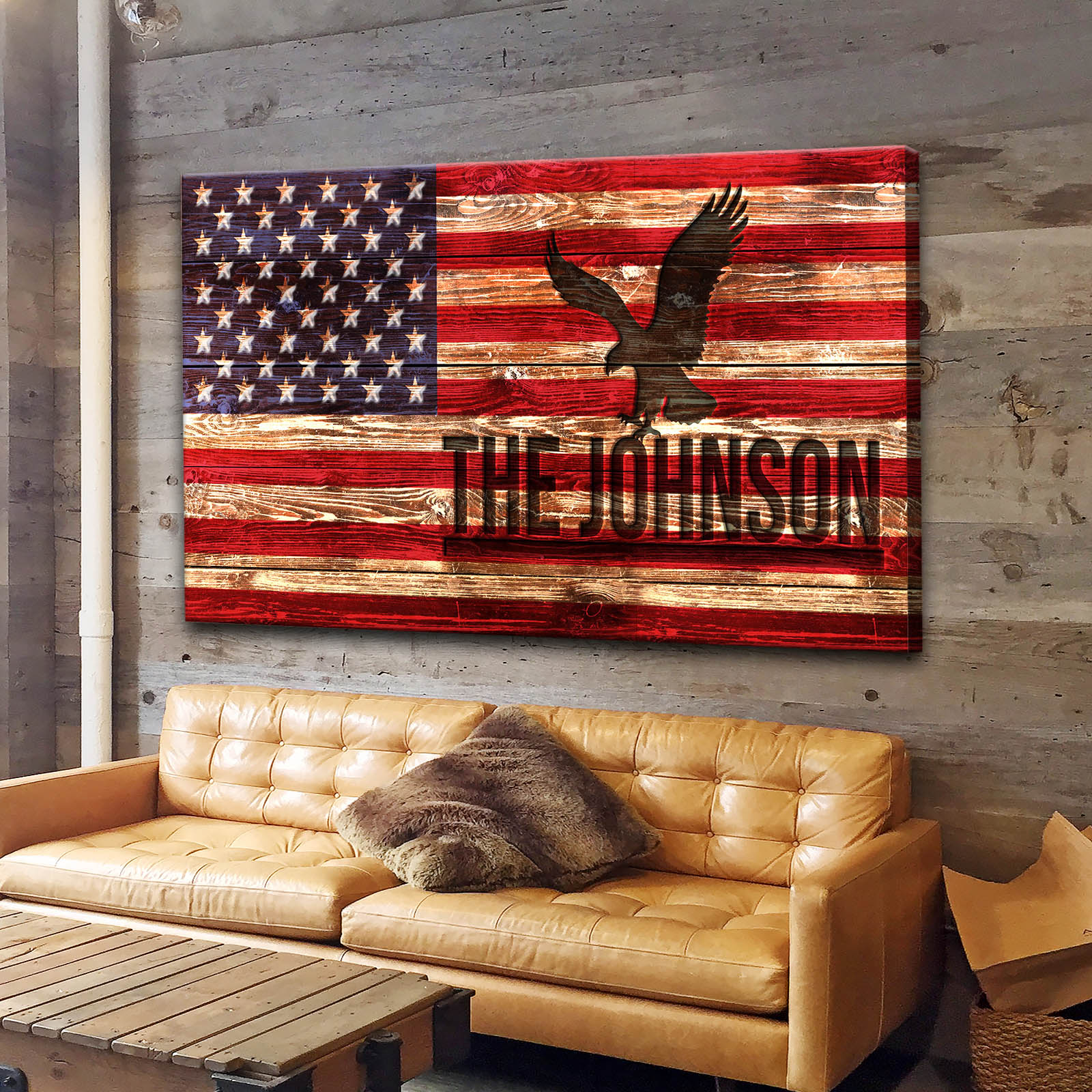 Rustic American Flag Family Name Sign on sale at MyriadMart