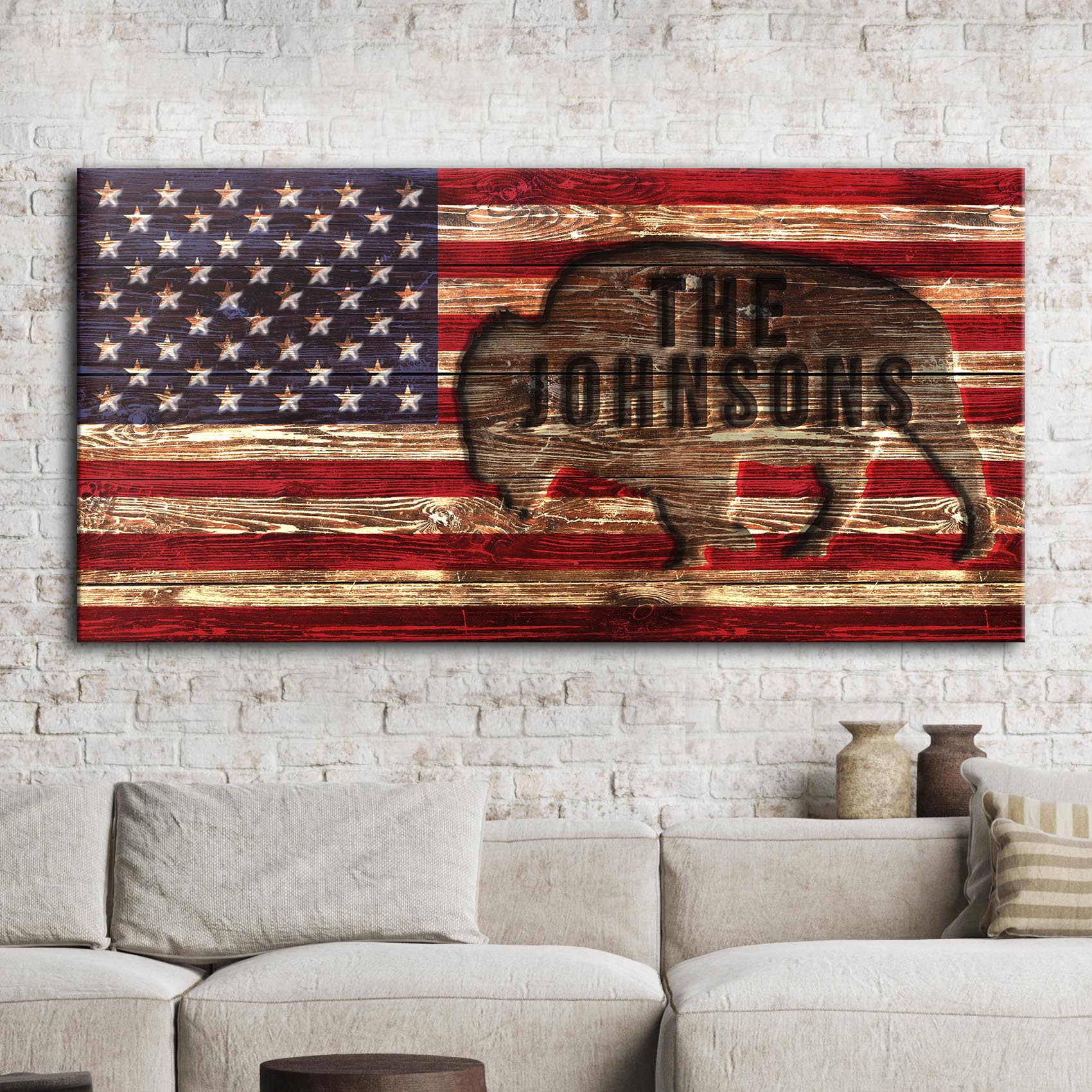 Rustic American Flag Family Name Sign on sale at MyriadMart