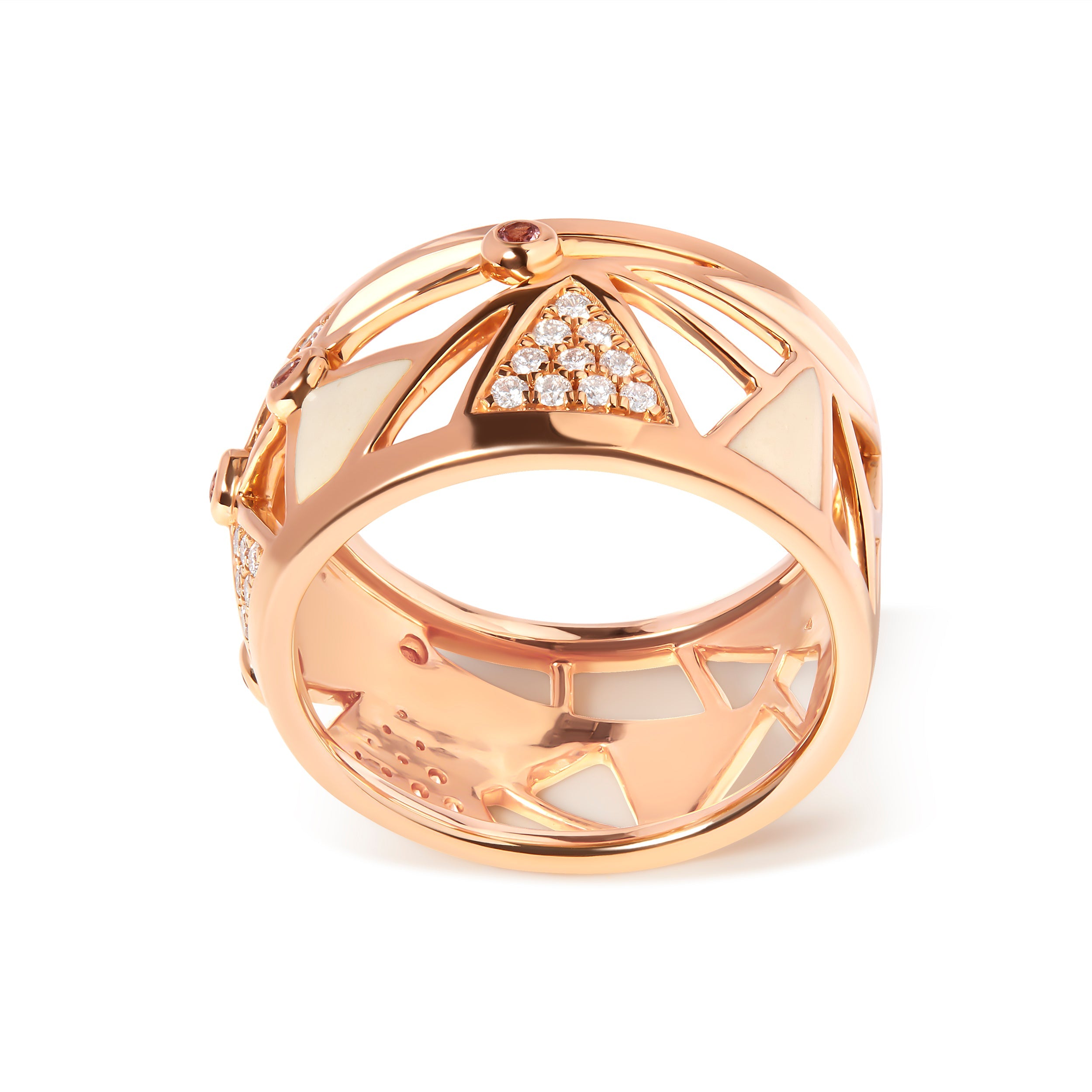 14K Rose Gold 1/3 Cttw Diamond and Pink Tourmaline Cigar Band Ring with White Enamel G-H Color, SI1-SI2 Clarity on sale at MyriadMart