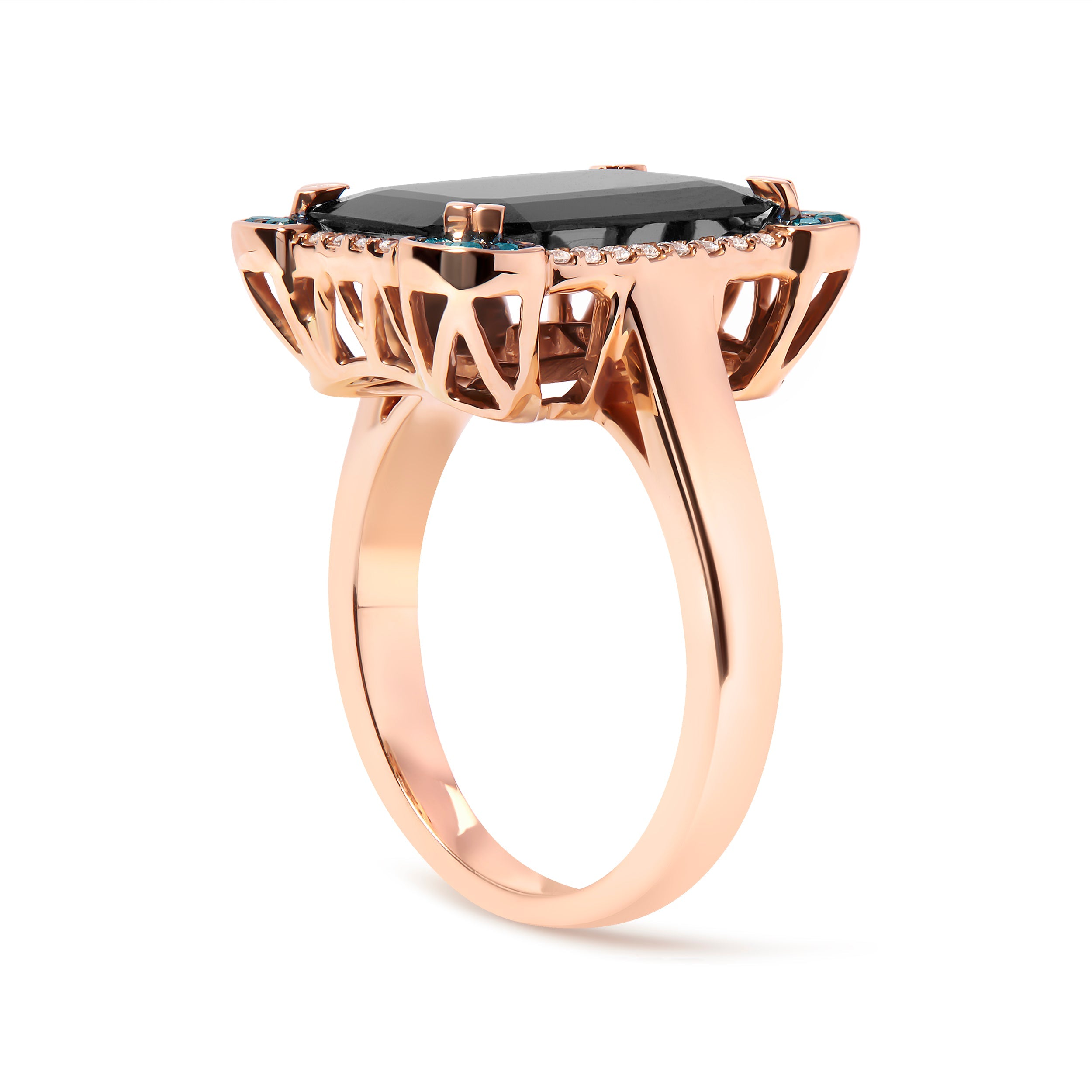 14K Rose Gold 15x10 MM Emerald-Cut Black Onyx and 1/5 Cttw Blue and White Diamond Halo Cocktail Ring G-H Color, SI1-SI2 Clarity - Size 7 on sale at MyriadMart