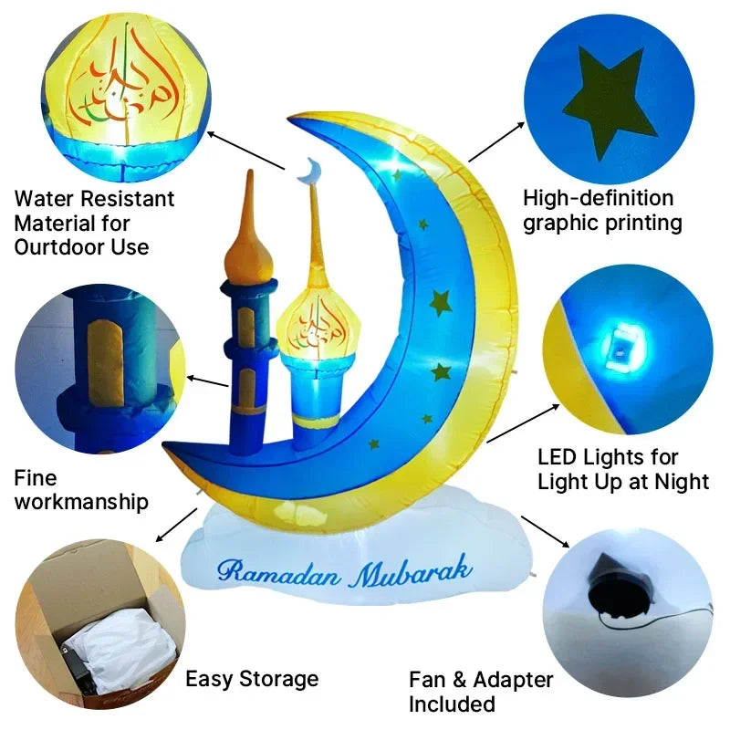 Ramadan Mubarak Outdoor Inflatable Moon Decorations Lighted Blow Up Muslim Holy Celebration Decor for Holiday Lawn Yard Garden