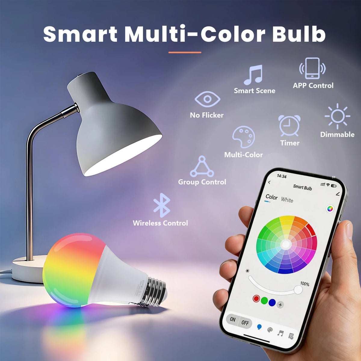 4pcs RGB Multi-Color LED Smart Bulbs, Music Rhythm Sensitive Lights, Low Blue Light Flicker-Free Lamps for Living Room Bedroom