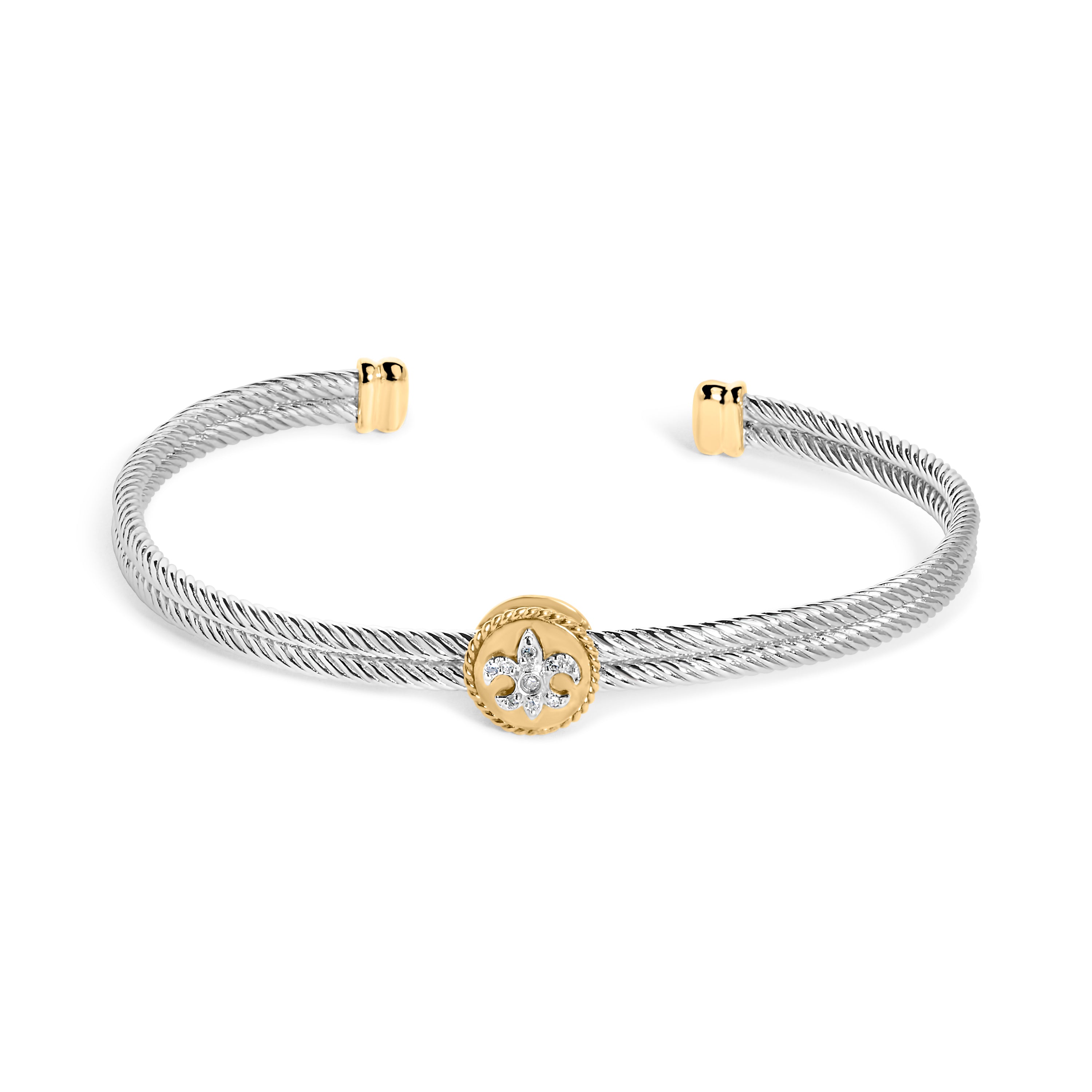 18K Yellow Gold Plated .925 Sterling Silver Diamond Accent and Fleur Di Lis Medallion Bangle Bracelet I-J Color, SI1-SI2 Clarity - 7.25 Inches on sale at MyriadMart