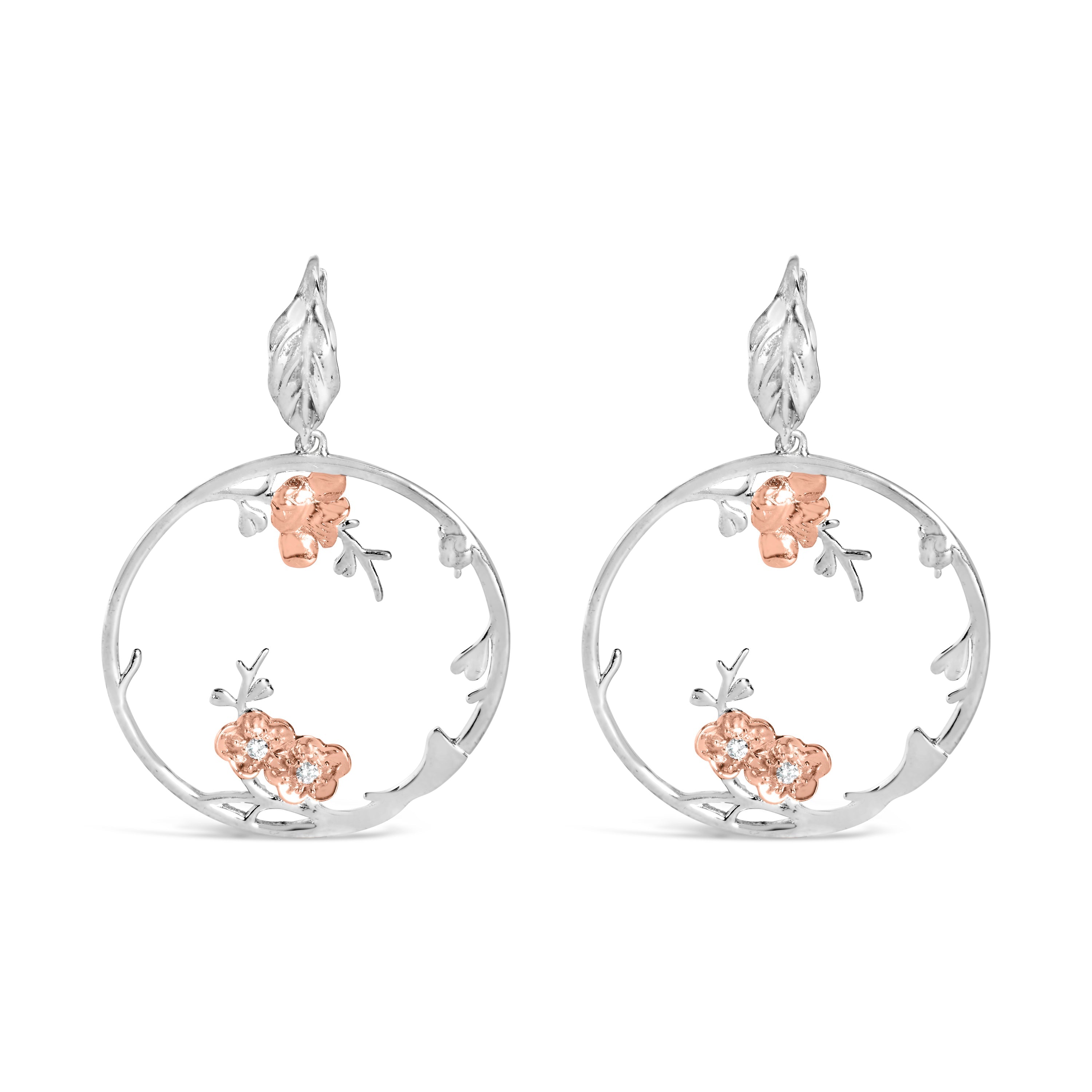 Rose Gold Plated .925 Sterling Silver 1/10 Cttw Diamond Floral Hoop Earrings I-J Color, SI1-SI2 Clarity on sale at MyriadMart