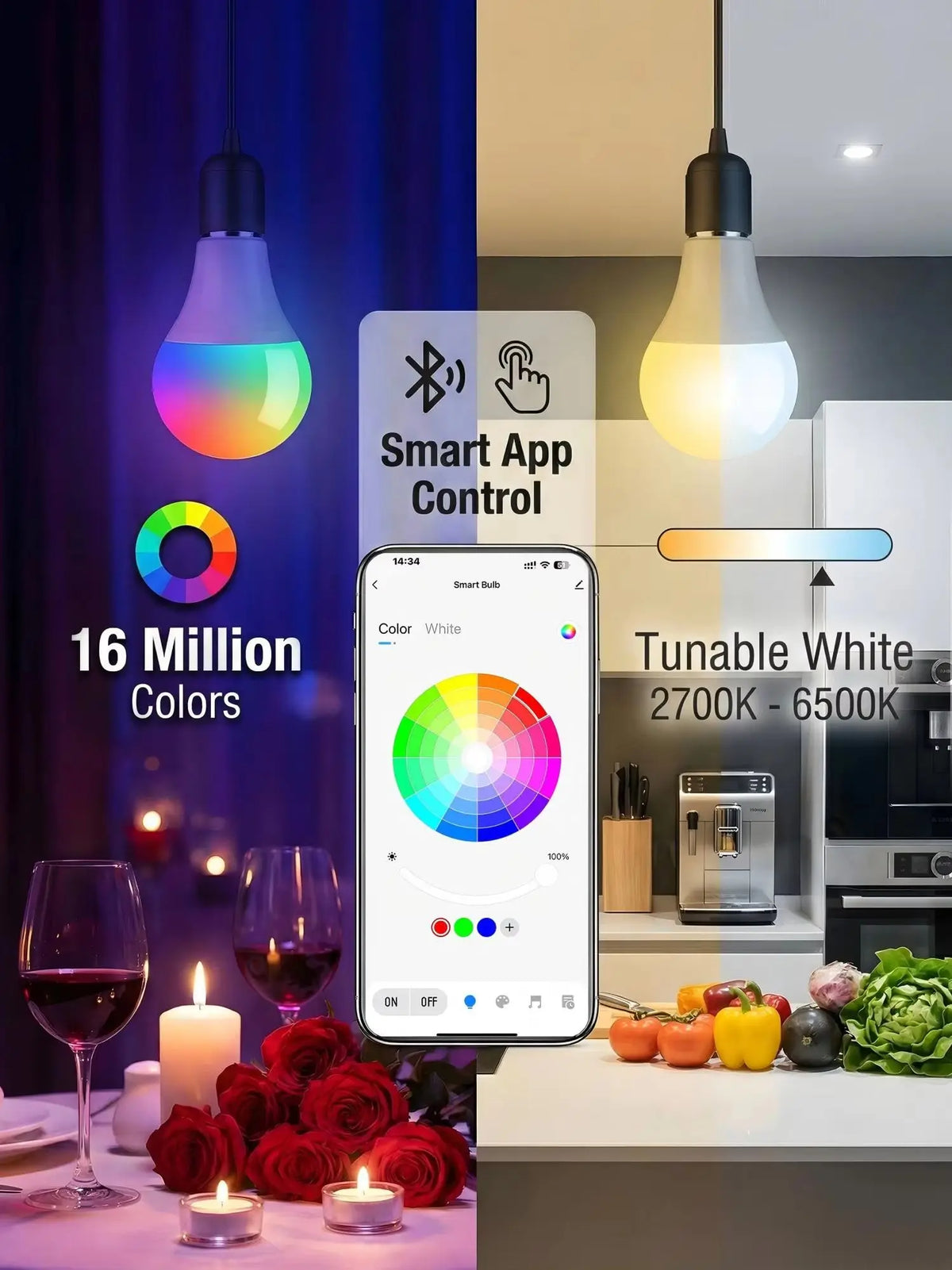 4pcs RGB Multi-Color LED Smart Bulbs, Music Rhythm Sensitive Lights, Low Blue Light Flicker-Free Lamps for Living Room Bedroom