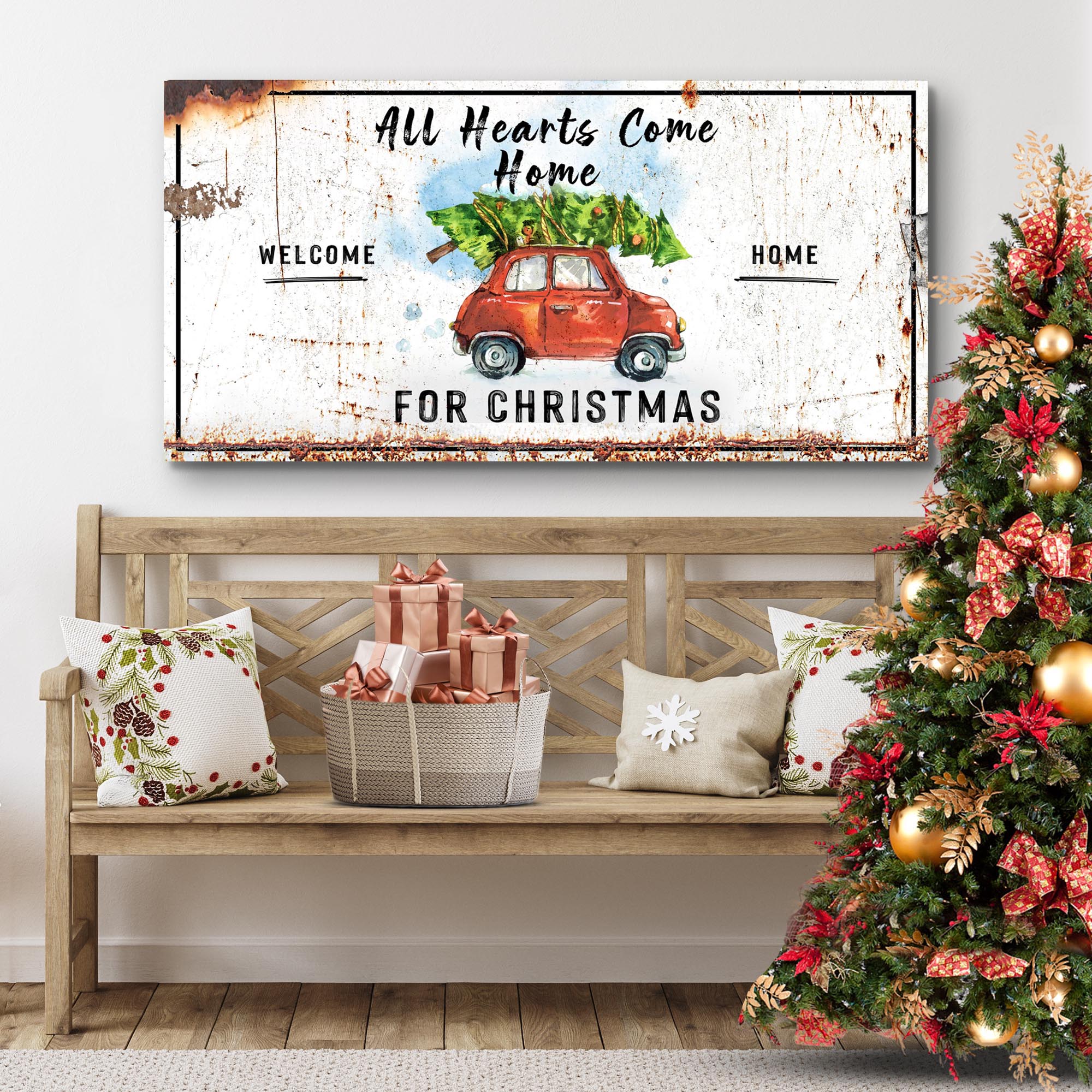 All Hearts Come Home For Christmas Sign on sale at MyriadMart