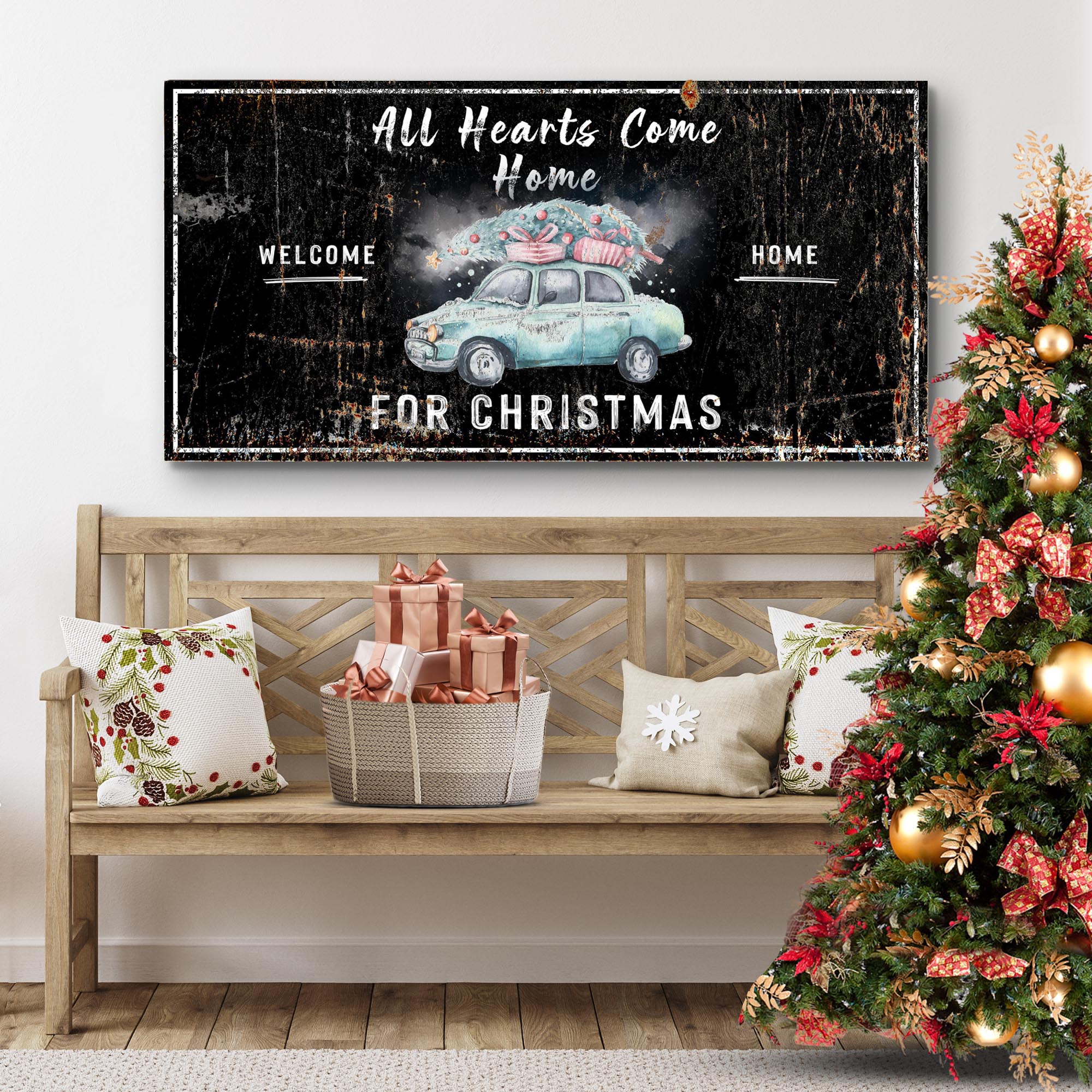 All Hearts Come Home For Christmas Sign on sale at MyriadMart