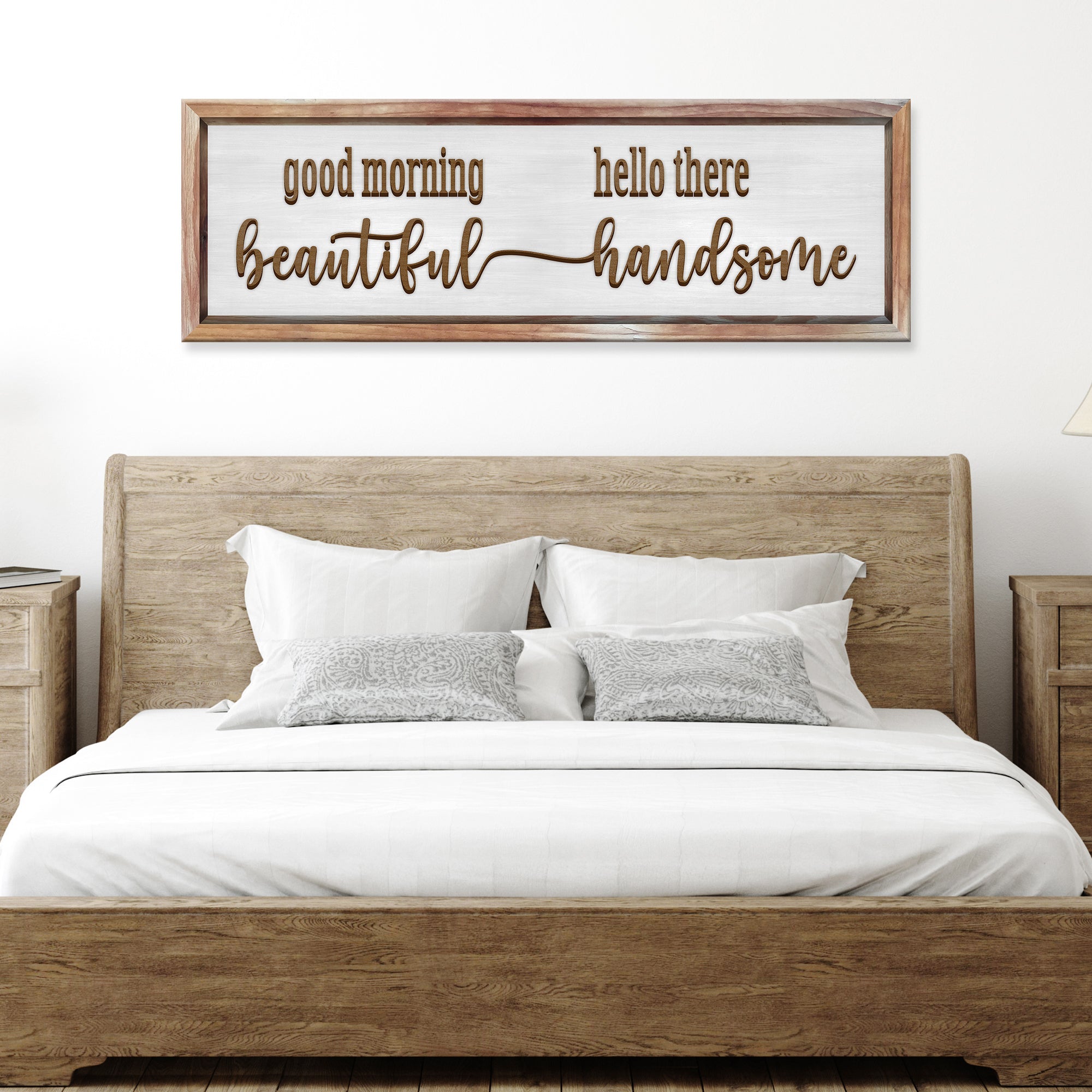 Good Morning Beautiful Hello There Handsome Sign on sale at MyriadMart
