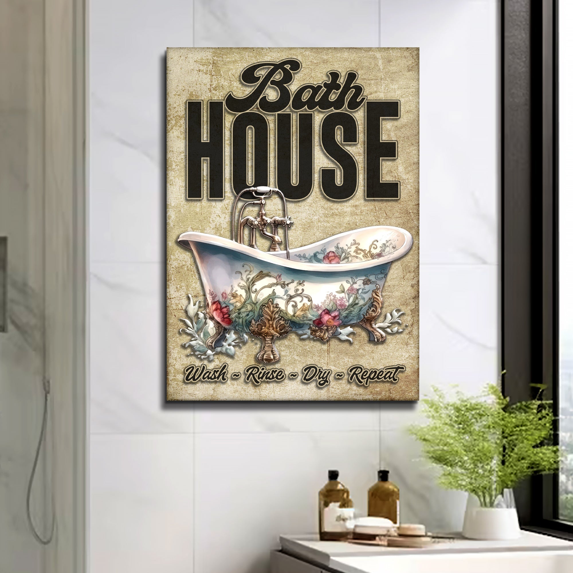 Wash Rinse Dry Repeat Bath House Sign on sale at MyriadMart