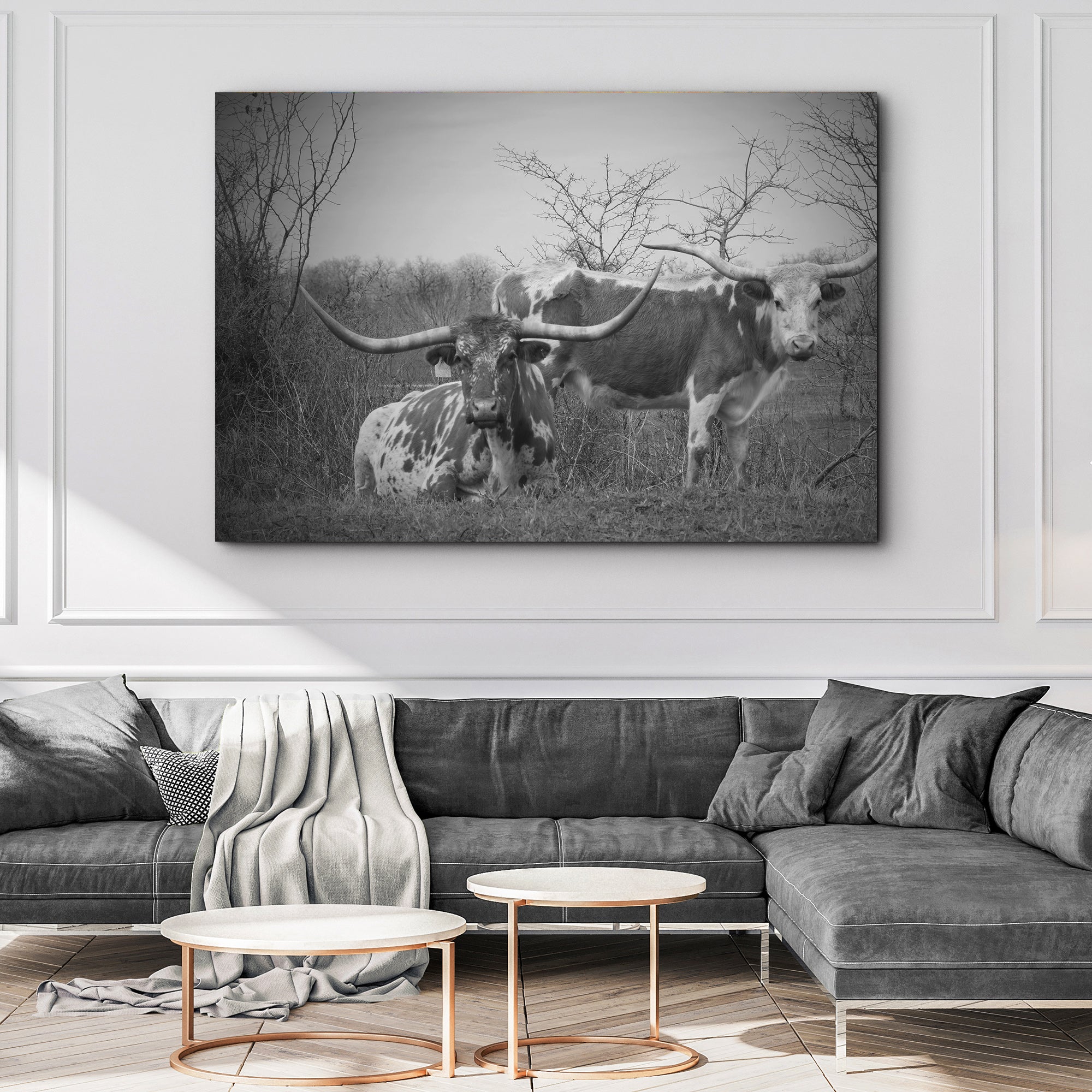 Monochrome Texas Longhorn Cattle Canvas Wall Art on sale at MyriadMart
