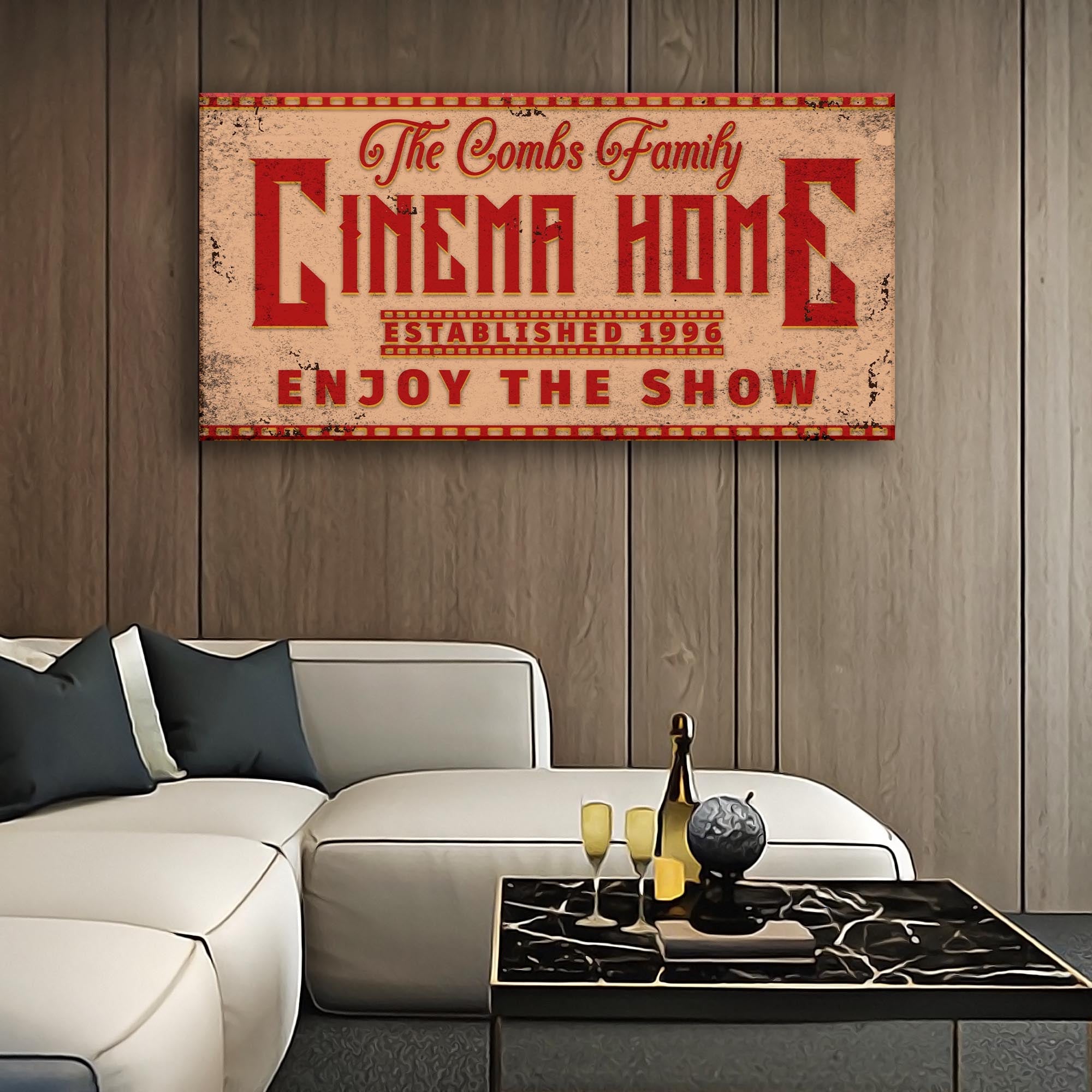 Enjoy The Show Family Cinema Home Sign on sale at MyriadMart