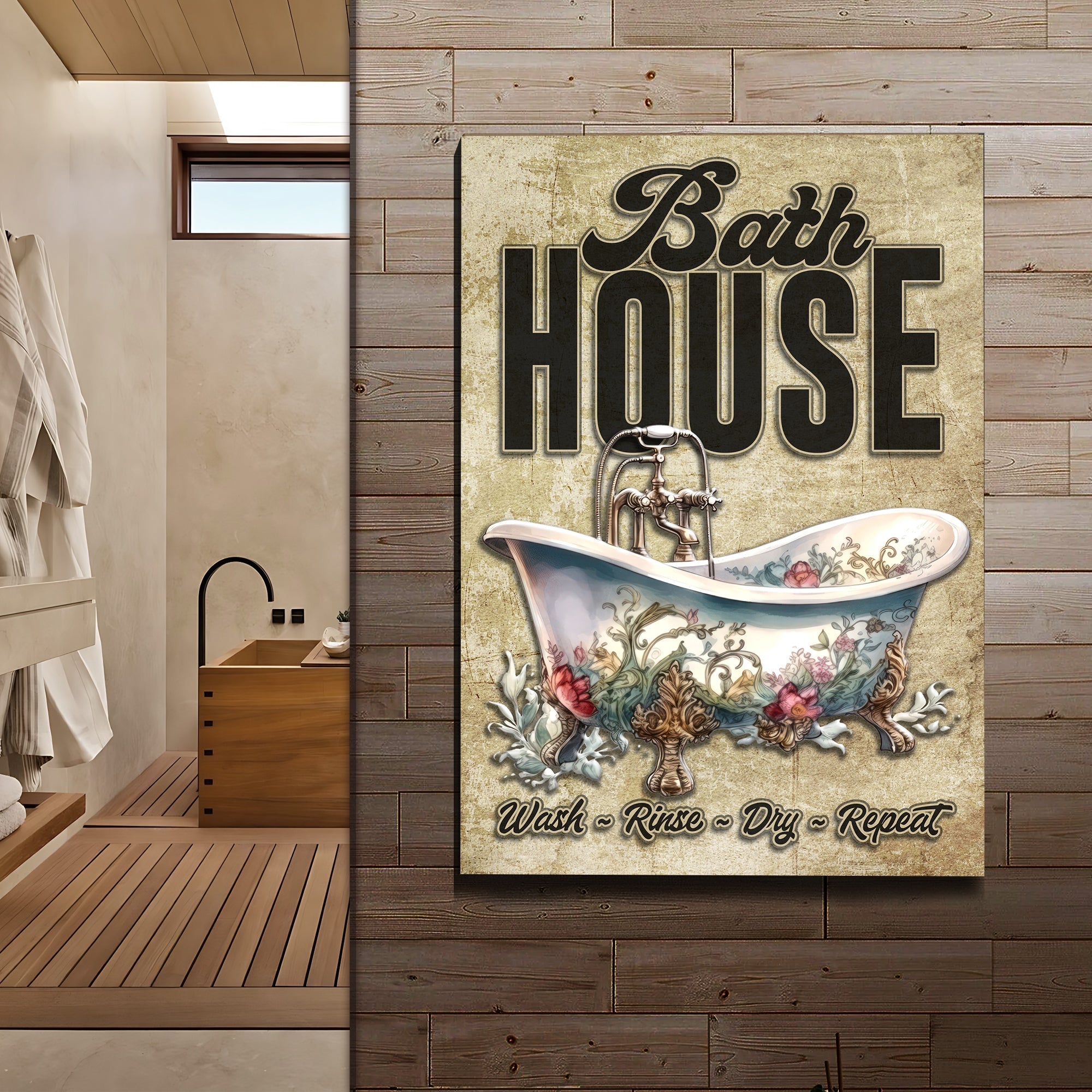 Wash Rinse Dry Repeat Bath House Sign on sale at MyriadMart
