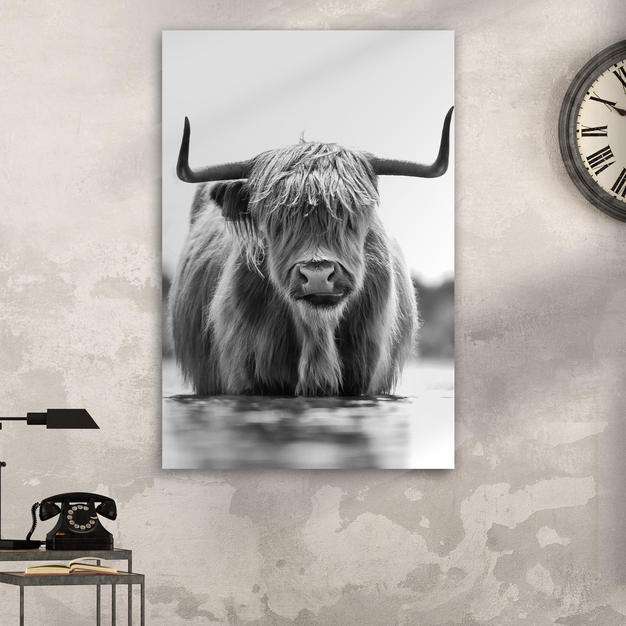Grayscale Highland Cow Portrait Canvas Wall Art on sale at MyriadMart