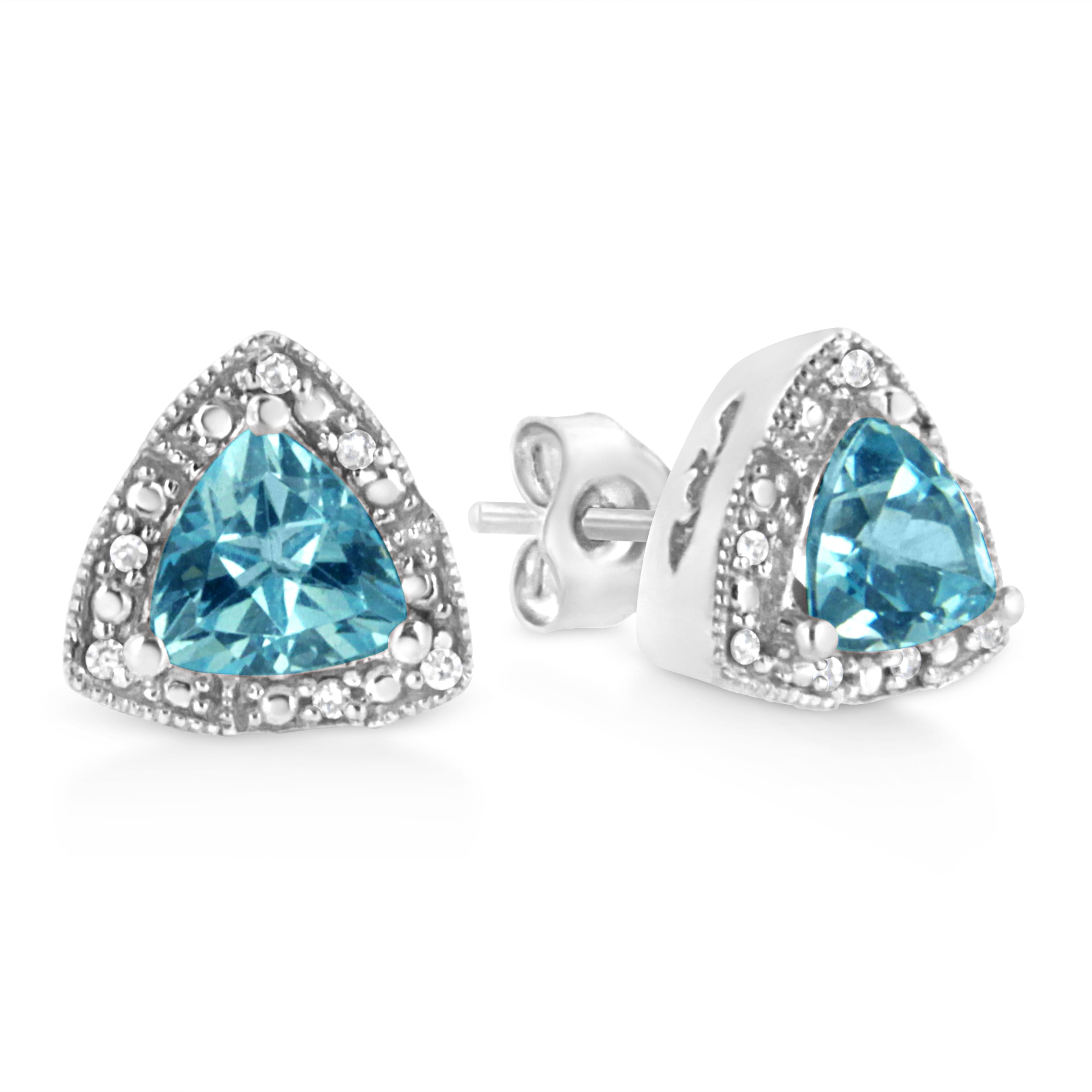 .925 Sterling Silver 6x6 mm Trillion Cut Blue Topaz Gemstone and Diamond Accent Stud Earring I-J Color, I1-I2 Clarity on sale at MyriadMart