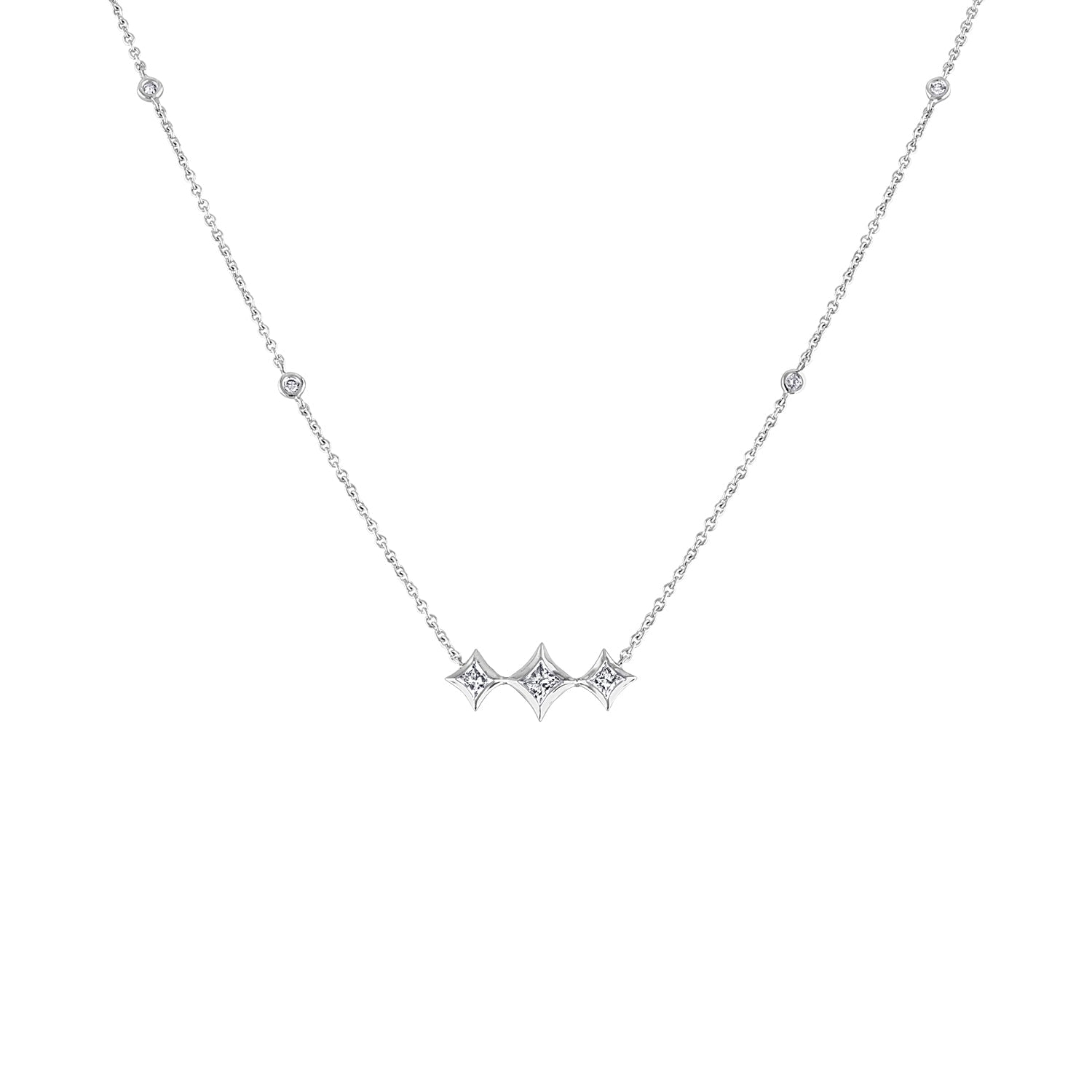 10K White Gold Bezel Set Princess Diamond 3 Stone Kite Shape and Station Necklace H-I Color, SI2-I1 Clarity - 18" Inches on sale at MyriadMart