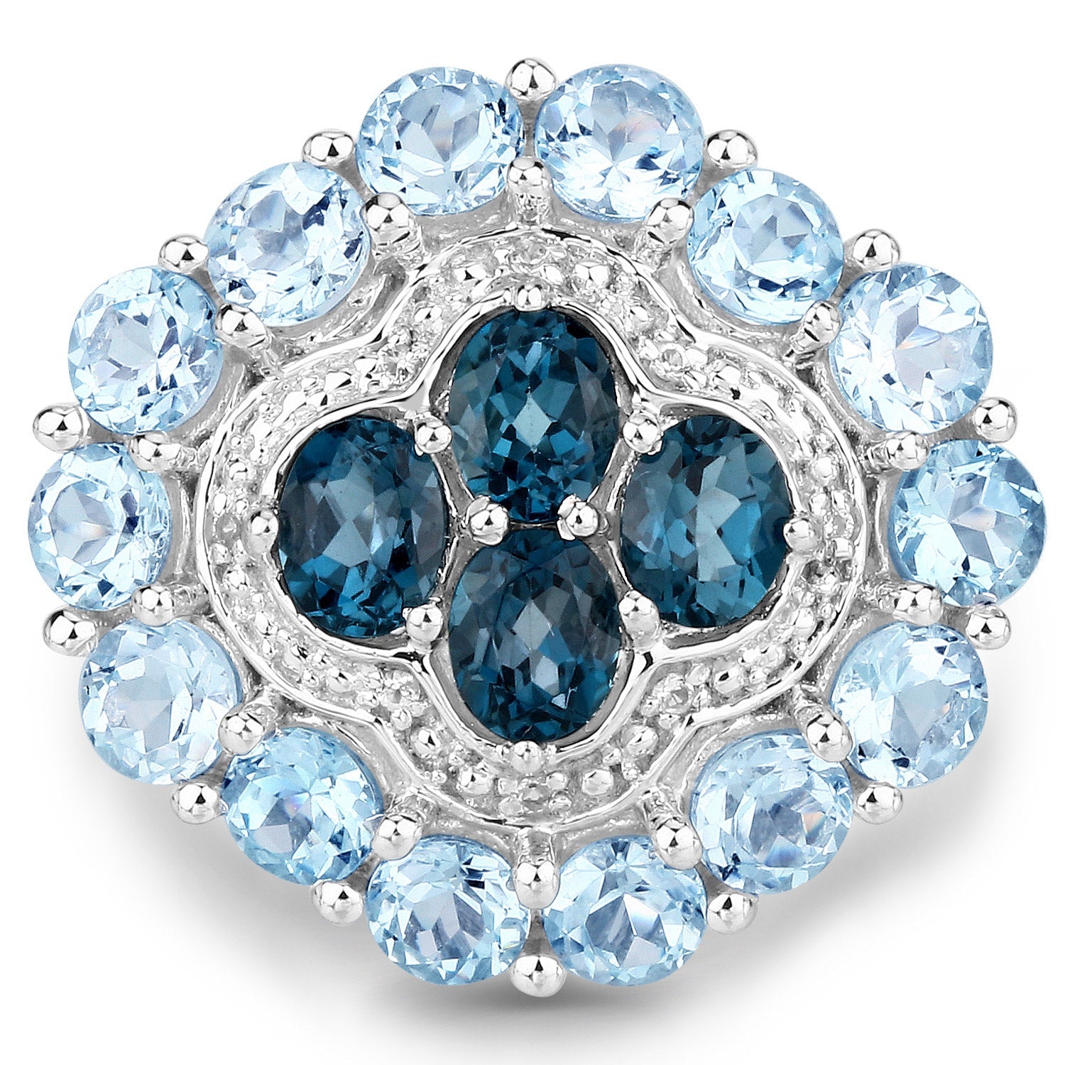 6.54 Carat Genuine London Blue Topaz, Blue Topaz and White Topaz .925 Sterling Silver Ring on sale at MyriadMart