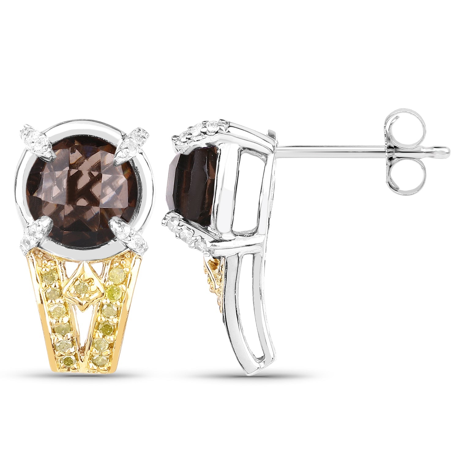 3.75 Carat Genuine Smoky Quartz, Yellow Diamond and White Diamond .925 Sterling Silver Earrings on sale at MyriadMart
