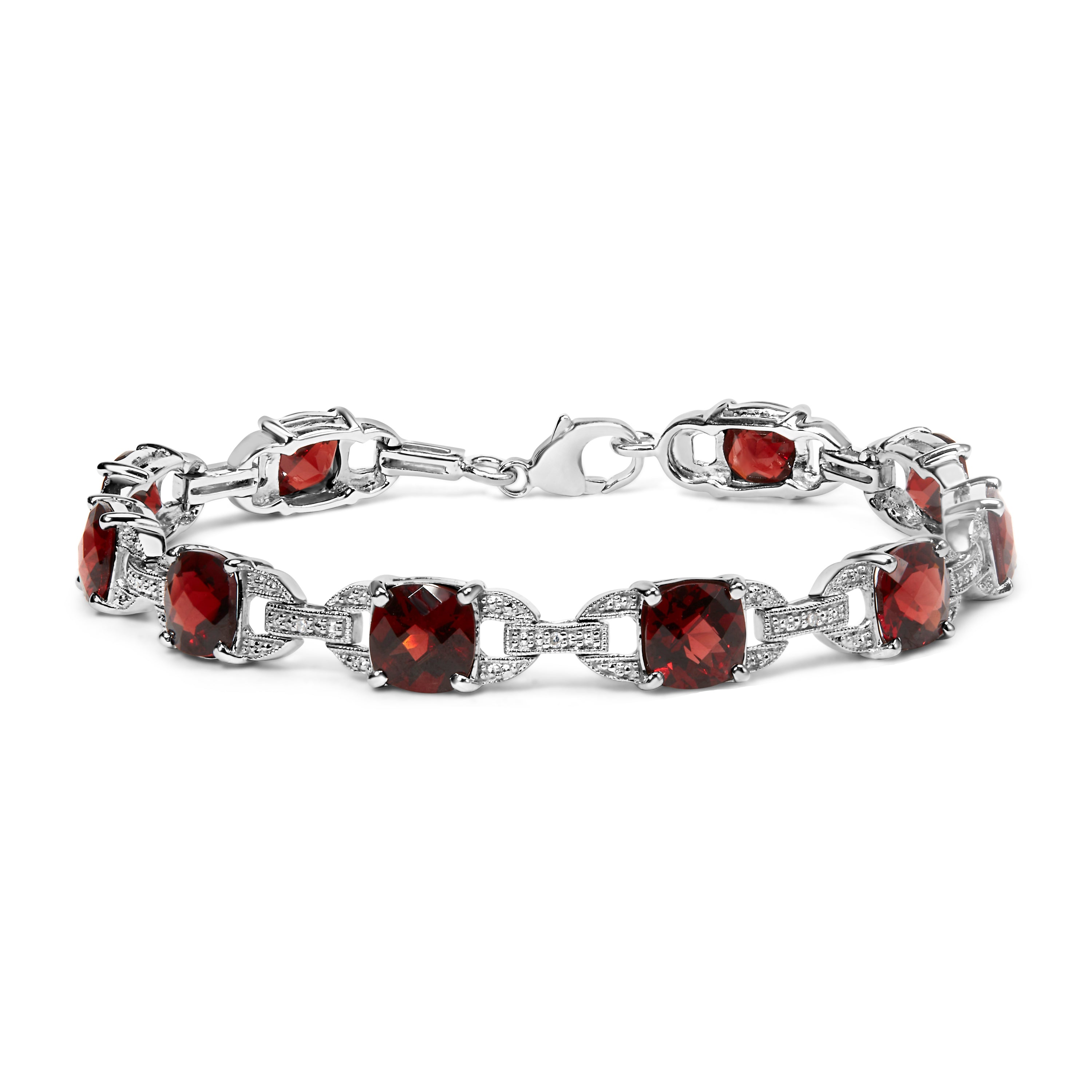 .925 Sterling Silver 7x7mm Checkered Cushion Red Garnet and Diamond Accent Fashion Tennis Link Bracelet I-J Color, I1-I2 Clarity - Size 7" Inch on sale at MyriadMart