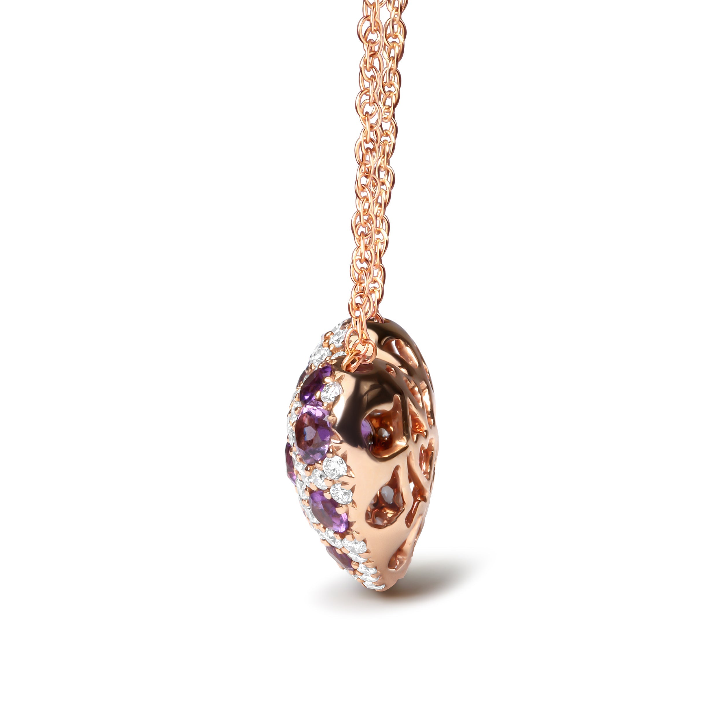 18K Rose Gold 3/4 Cttw Diamond and Purple Amethyst Cluster Heart Shape 18" Pendant Necklace G-H Color, SI1-SI2 Clarity on sale at MyriadMart