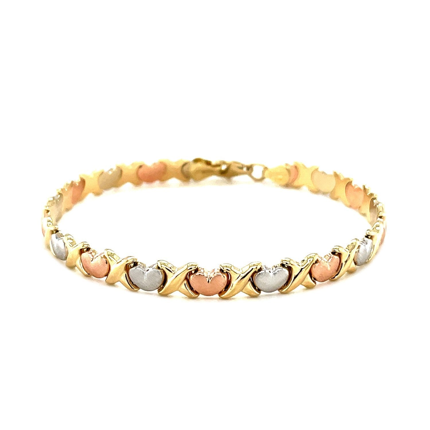 14k Tri-Color Gold Fancy Satin Heart Line Bracelet on sale at MyriadMart
