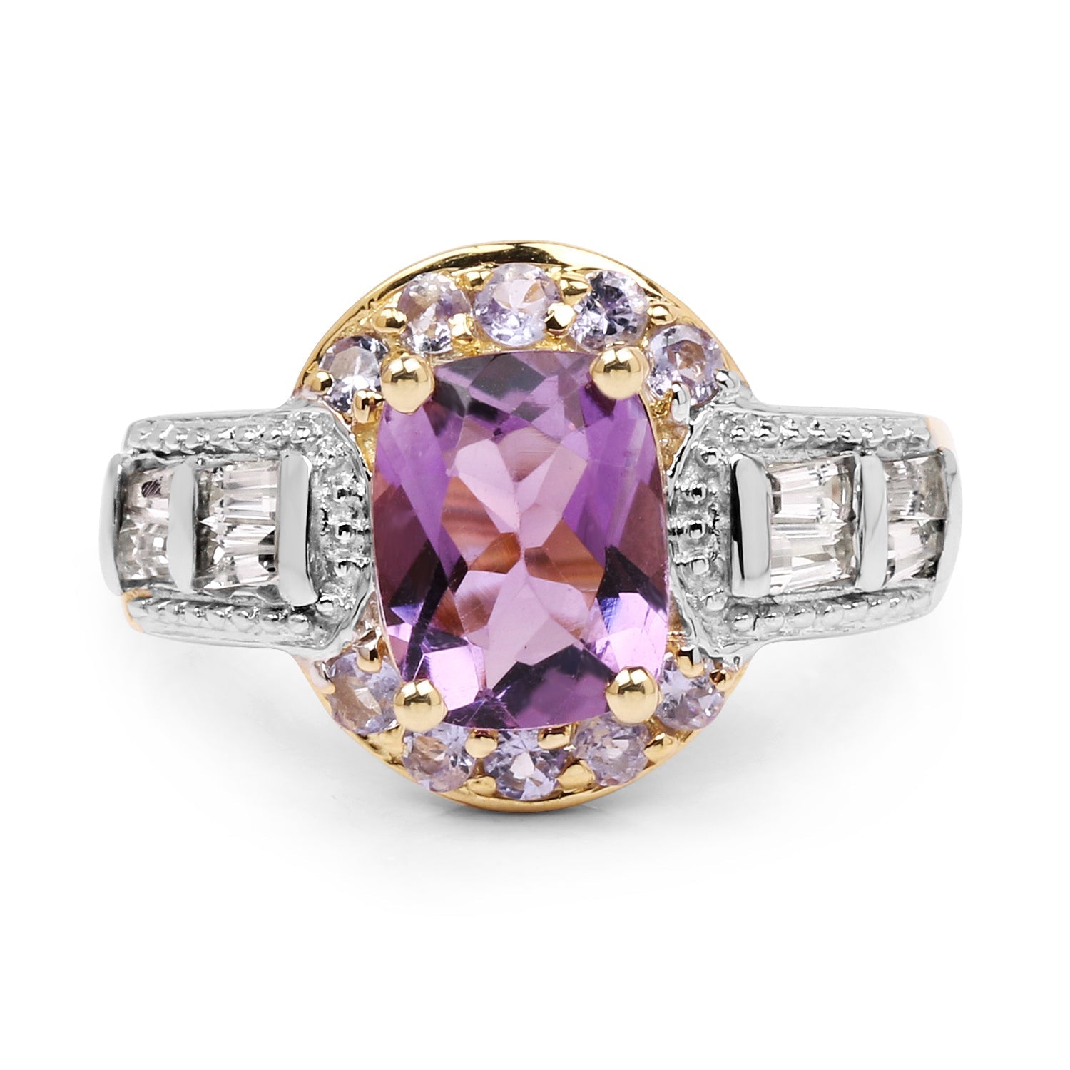 14K Yellow Gold Plated 2.28 Carat Genuine Amethyst, Tanzanite And White Topaz .925 Sterling Silver Ring on sale at MyriadMart