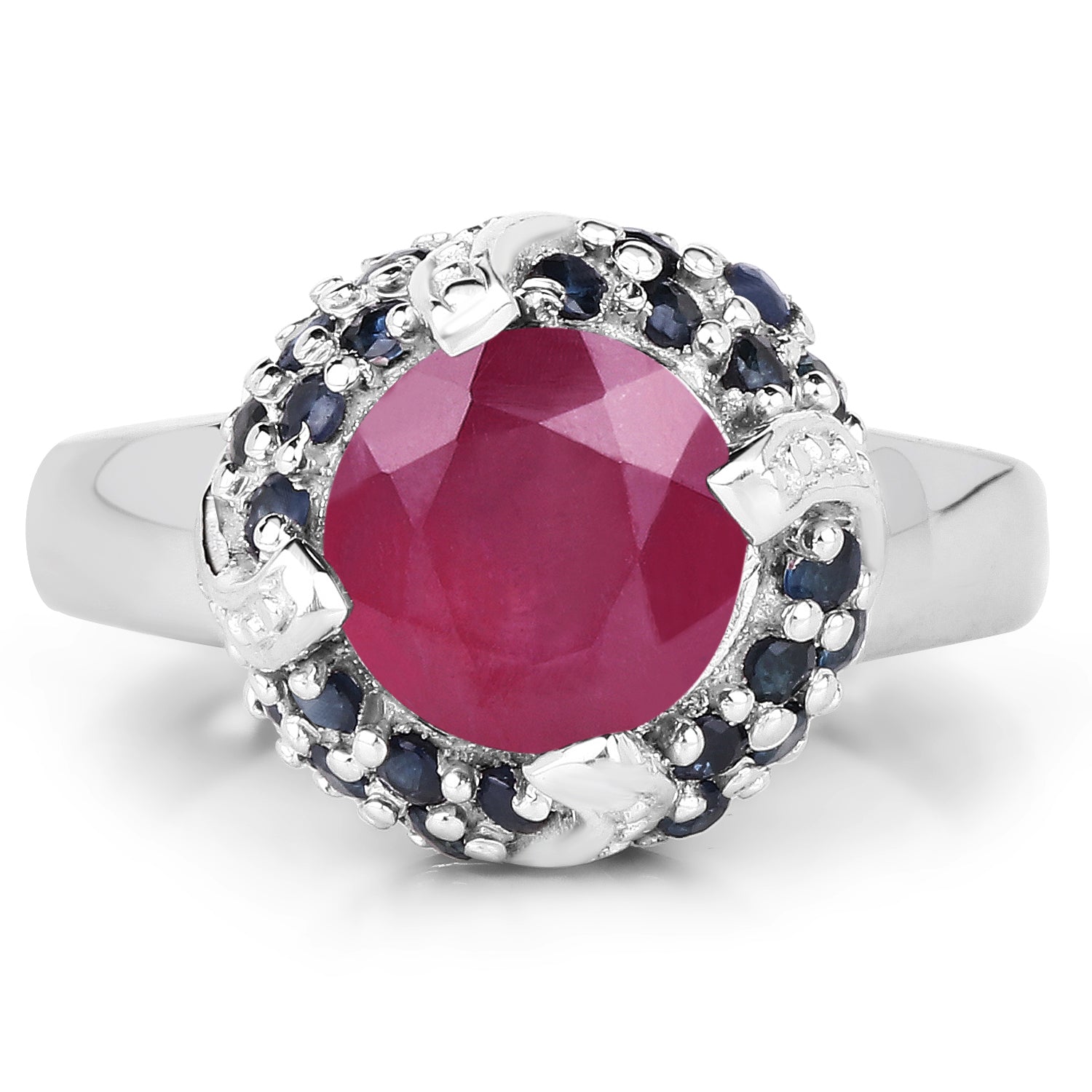 3.70 Carat Glass Filled Ruby and Blue Sapphire .925 Sterling Silver Ring on sale at MyriadMart