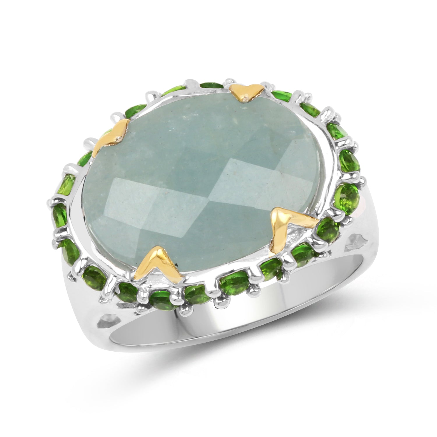 Two Tone Plated 9.12 Carat Genuine Milky Aquamarine and Chrome Diopside .925 Sterling Silver Ring on sale at MyriadMart