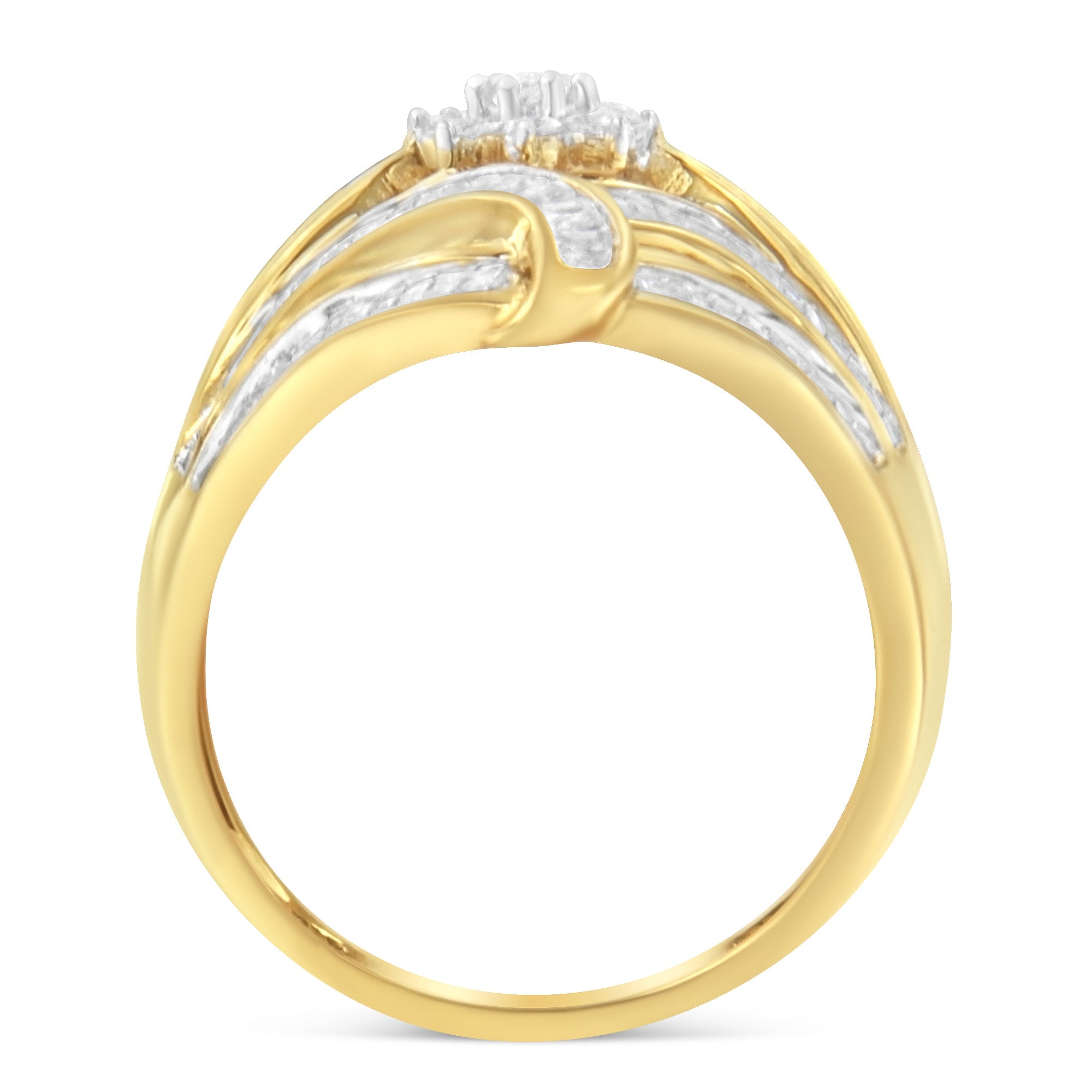 10K Yellow Gold Flashed .925 Sterling Silver 1-1/8 Cttw Round & Baguette Diamond 'Flower & Fern' Cluster Cocktail Fashion Ring I-J Color, I2-I3 Clarity - Size 6 on sale at MyriadMart